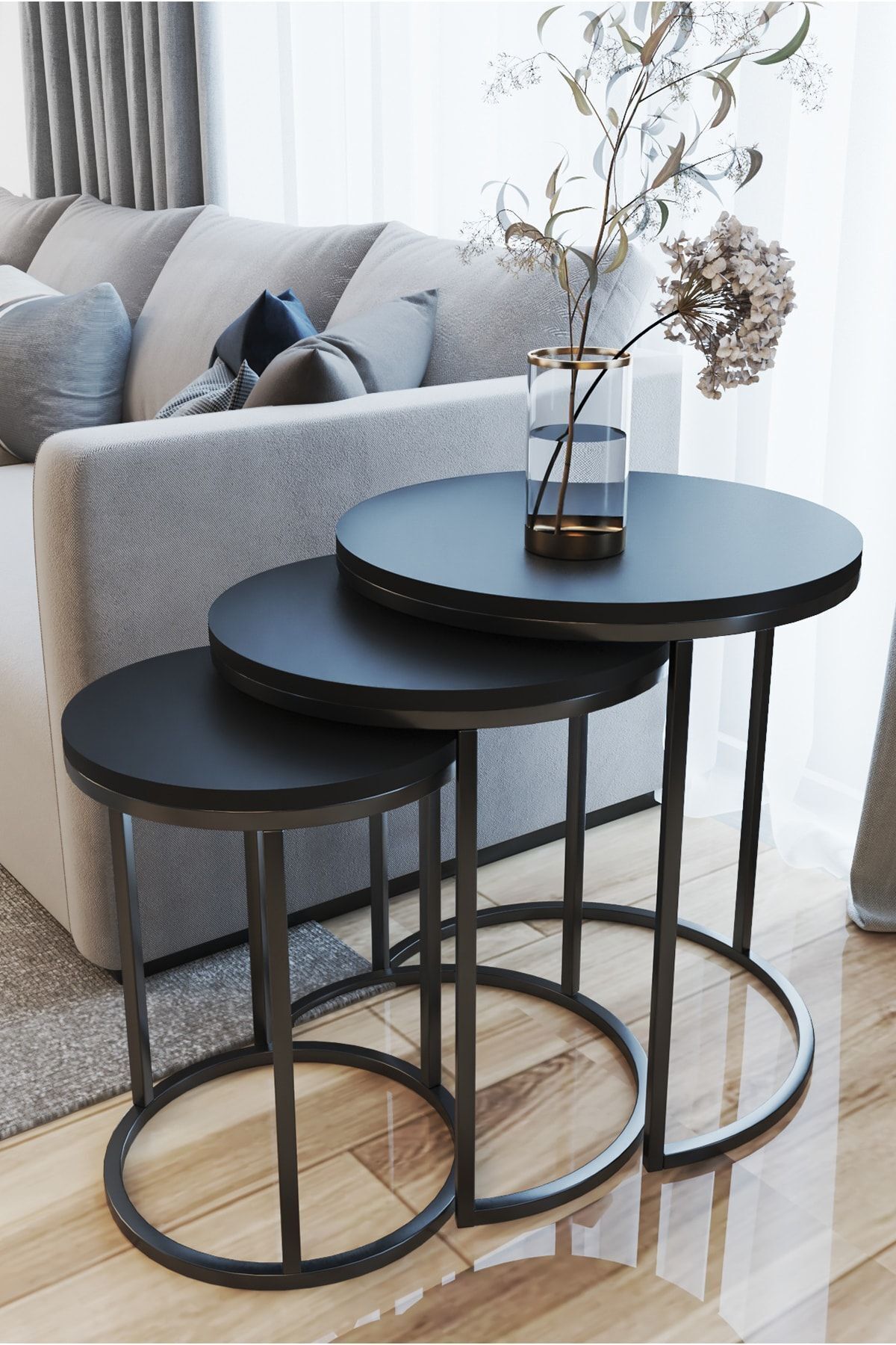 home plus mobilya 3'lü Zigon Sehpa Siyah Ayak Siyah 18mm Sunta
