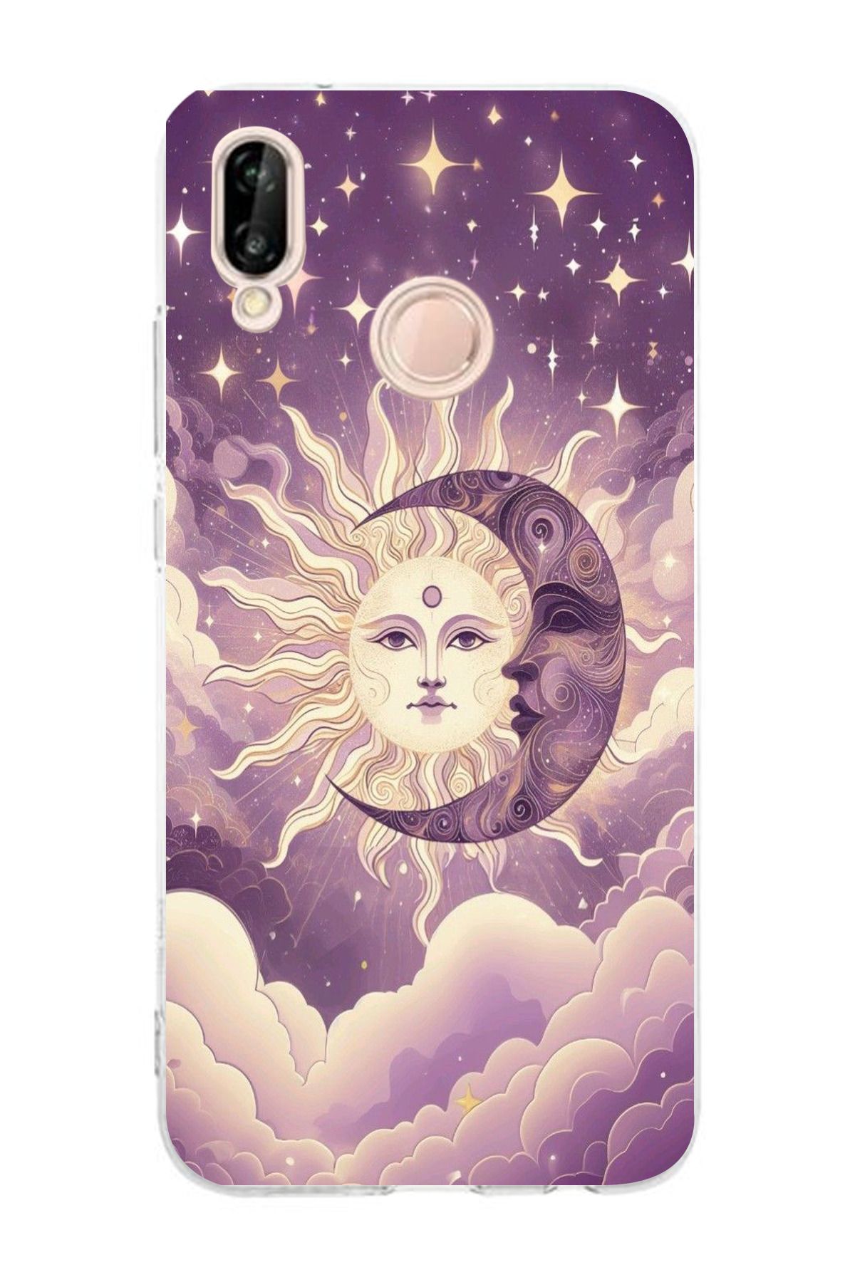 moonset Huawei P20 Lite Uyumlu Ay ve Güneş Tasarımlı Baskılı Şeffaf Telefon Kılıfı