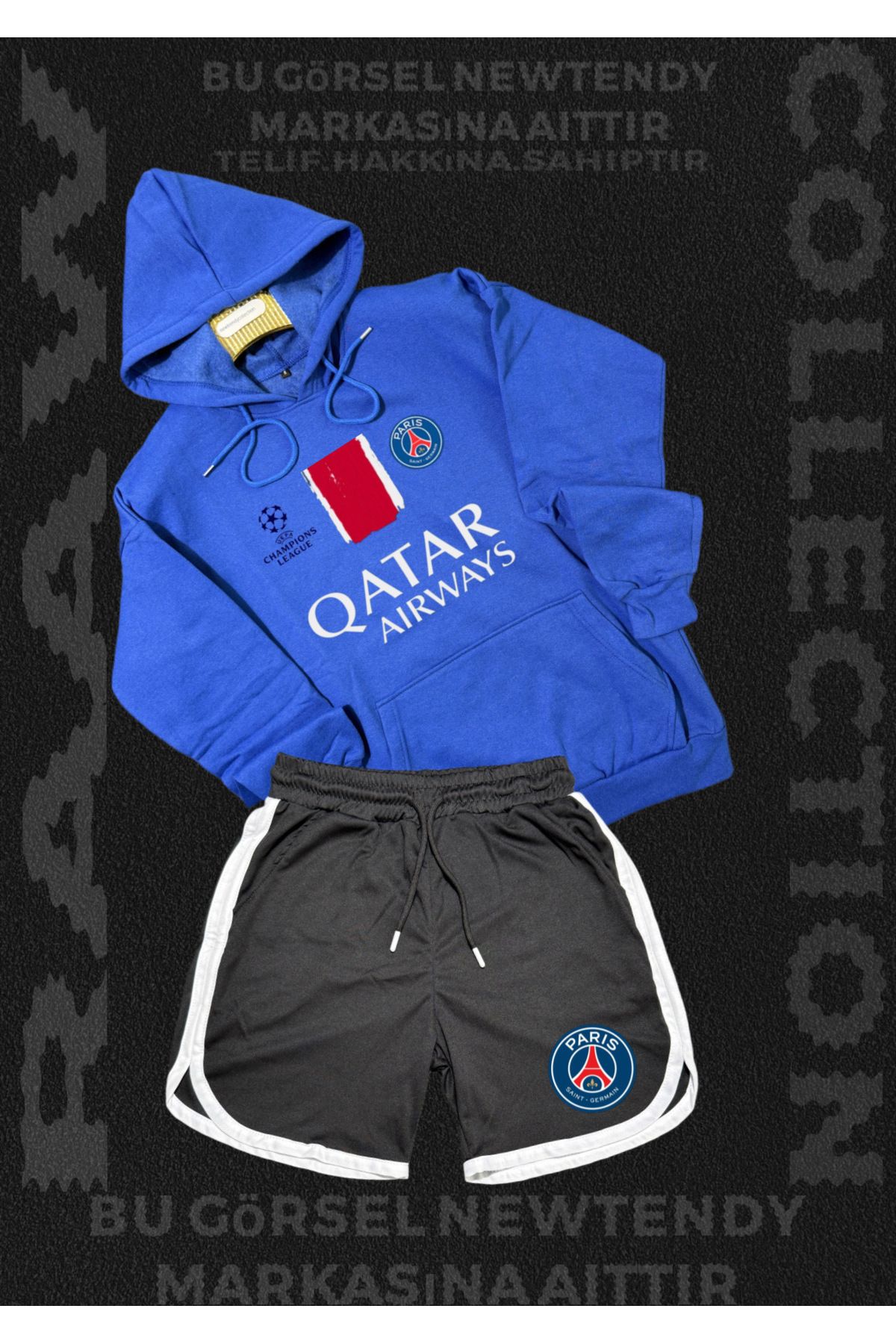 Minikelya Paris Sweatshirt Şort Takım Erkek Kapüşonlu Üst Gri siyah kırmızı Alt Spor Taraftar Kombin