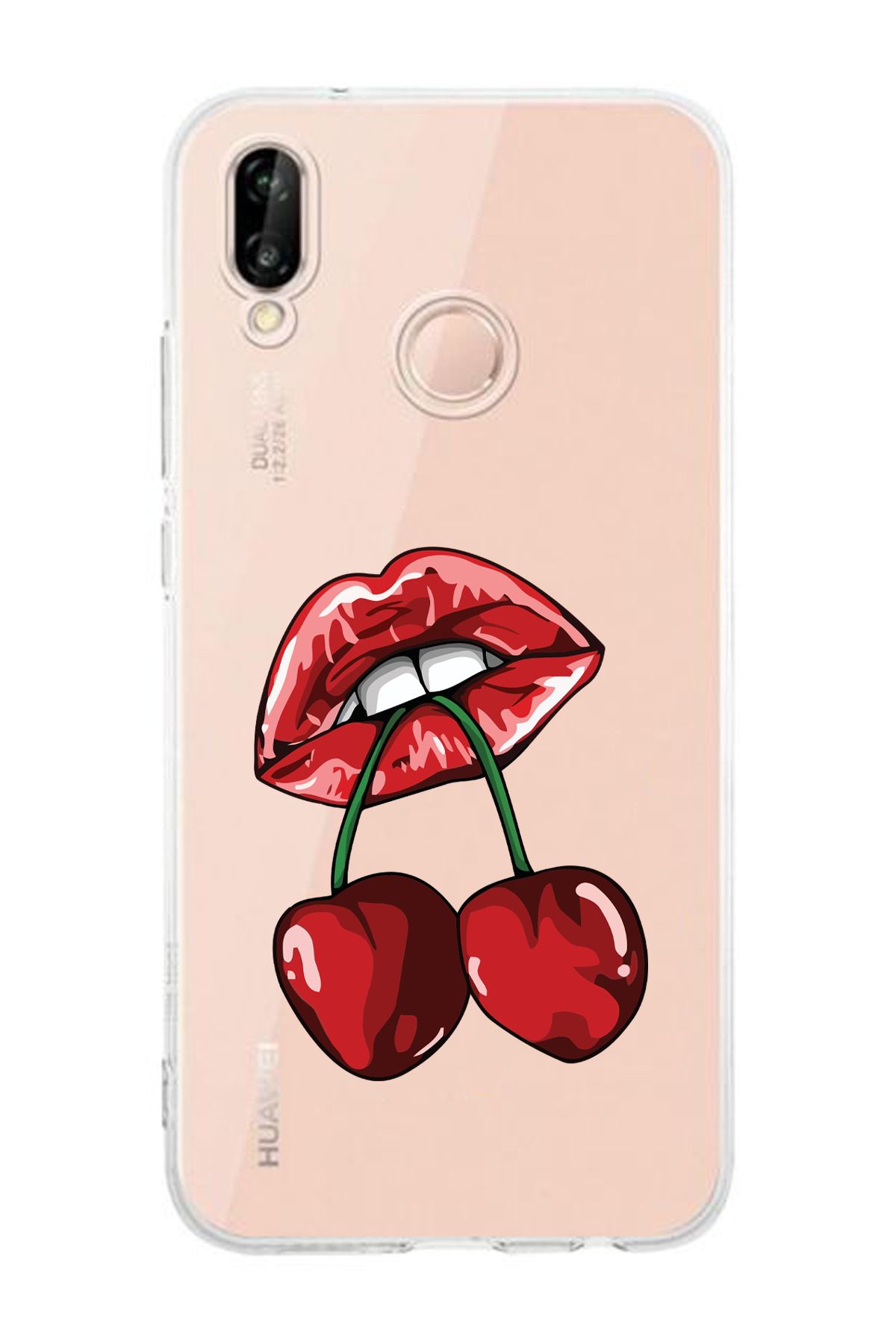 moonset Huawei P20 Lite Uyumlu Dudak ve Kiraz Tasarımlı Baskılı Şeffaf Telefon Kılıfı