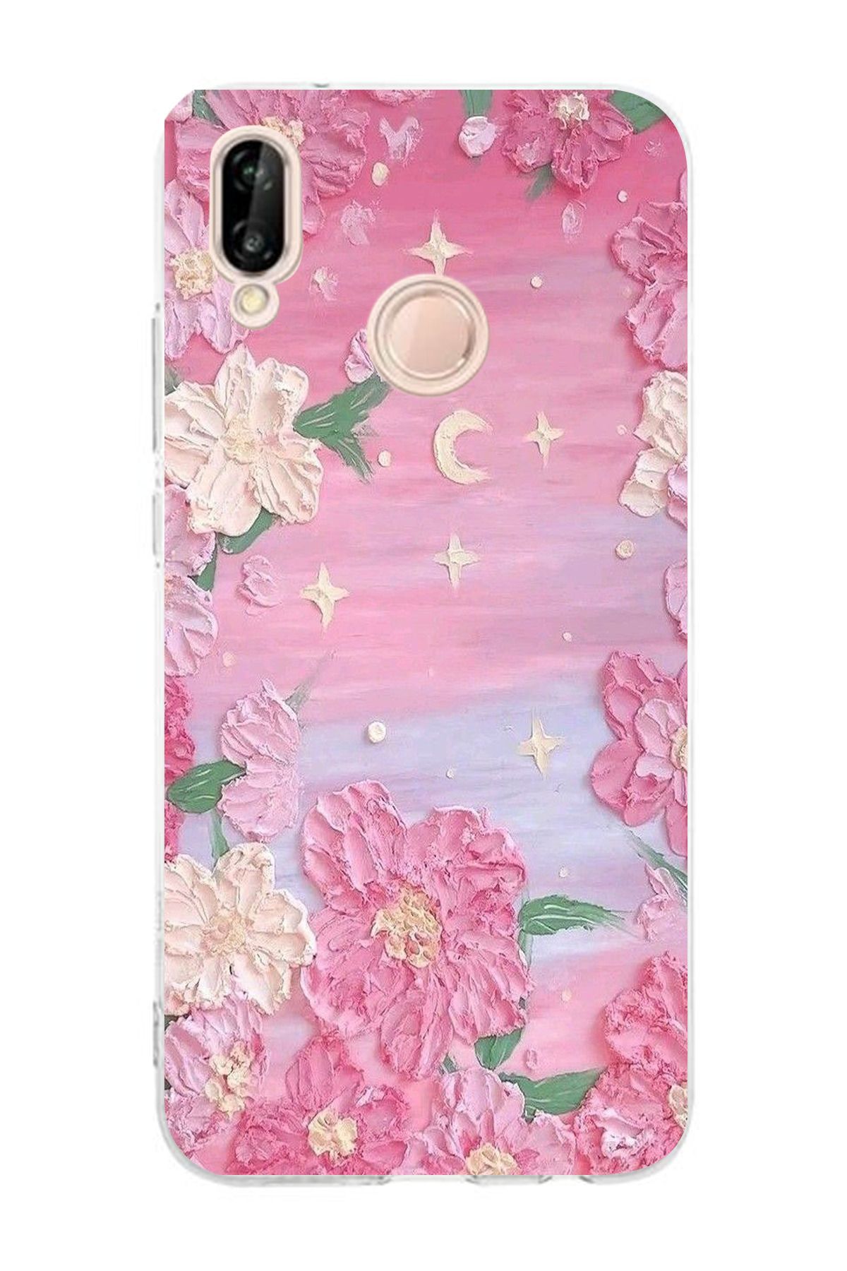 moonset Huawei P20 Lite Uyumlu Pastel Çiçekler Tasarımlı Baskılı Şeffaf Telefon Kılıfı