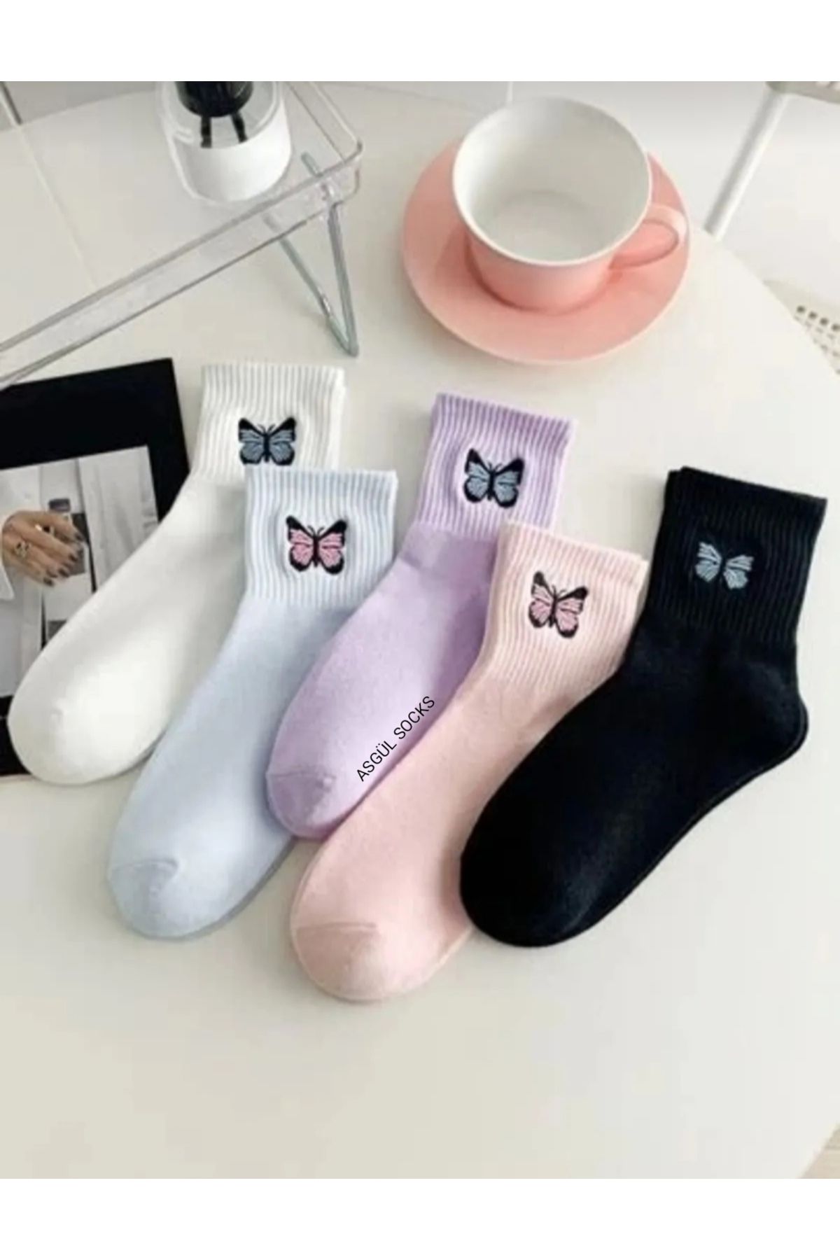 ASGÜL SOCKS Dikişsiz penye kelebek nakışlı kolej çorap seti 5 çift