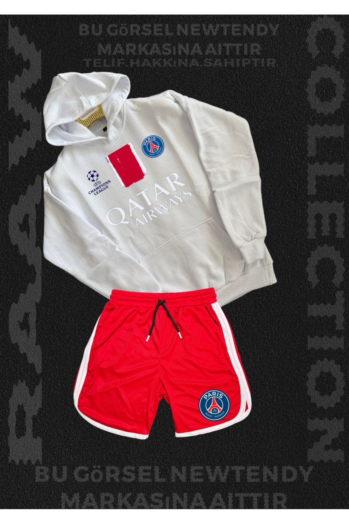 Minikelya Paris Sweatshirt Şort Takım Erkek Kapüşonlu Üst Gri siyah kırmızı Alt Spor Taraftar Kombin
