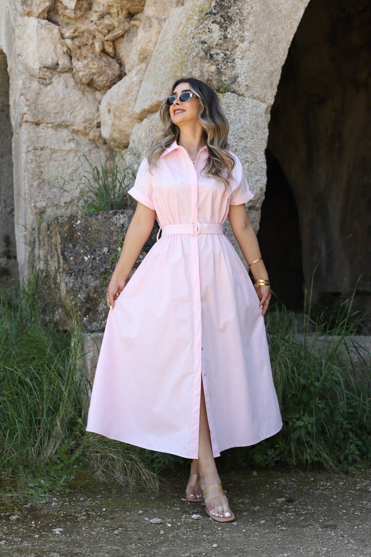 bytugcekaya Açık Pembe Poplin Kumaş Kuşaklı Gömlek Elbise