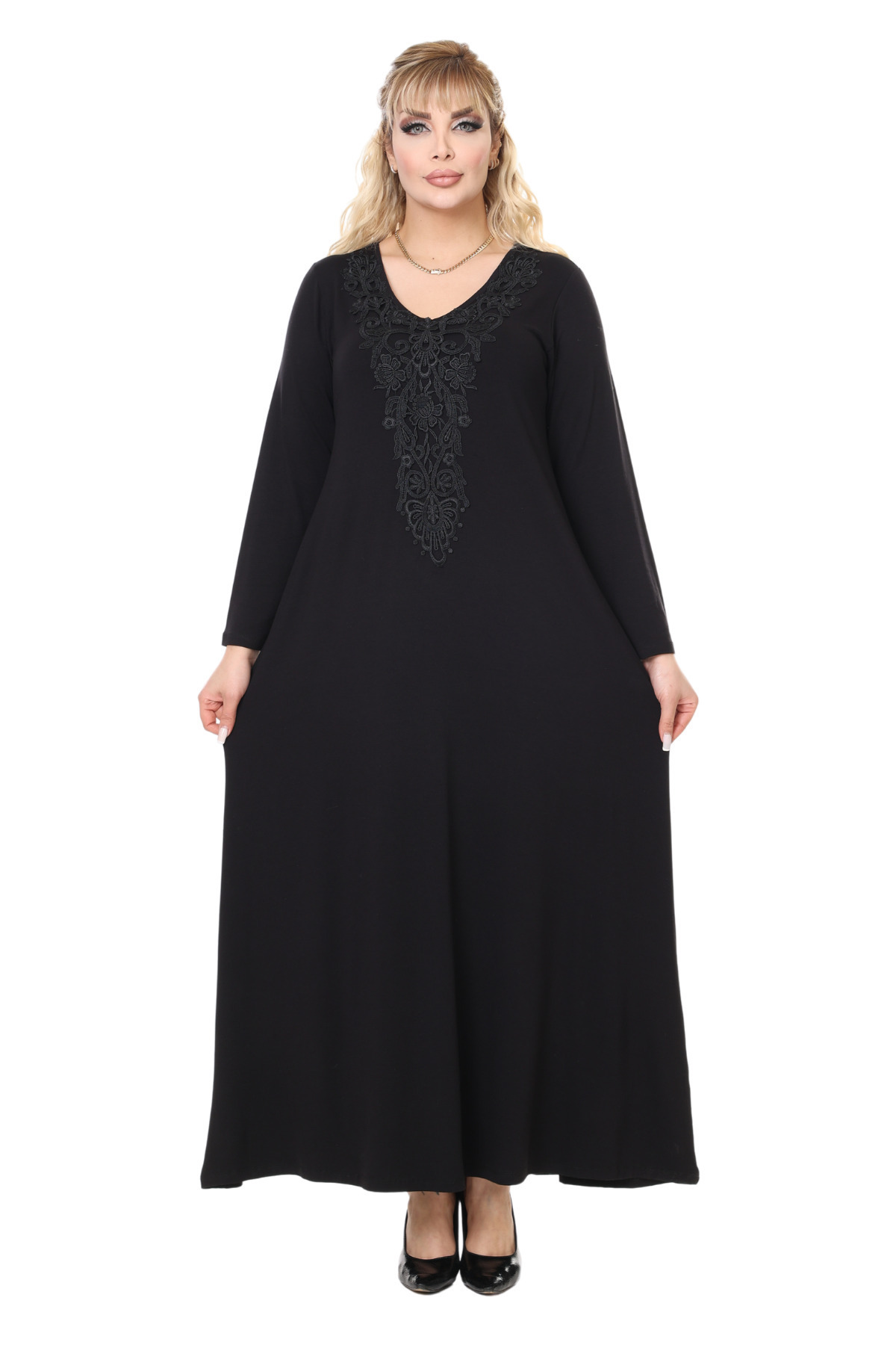 MELSAY-Women's Long Sleeve Black Guipure Collar Detailed Large Size Long Dress 2