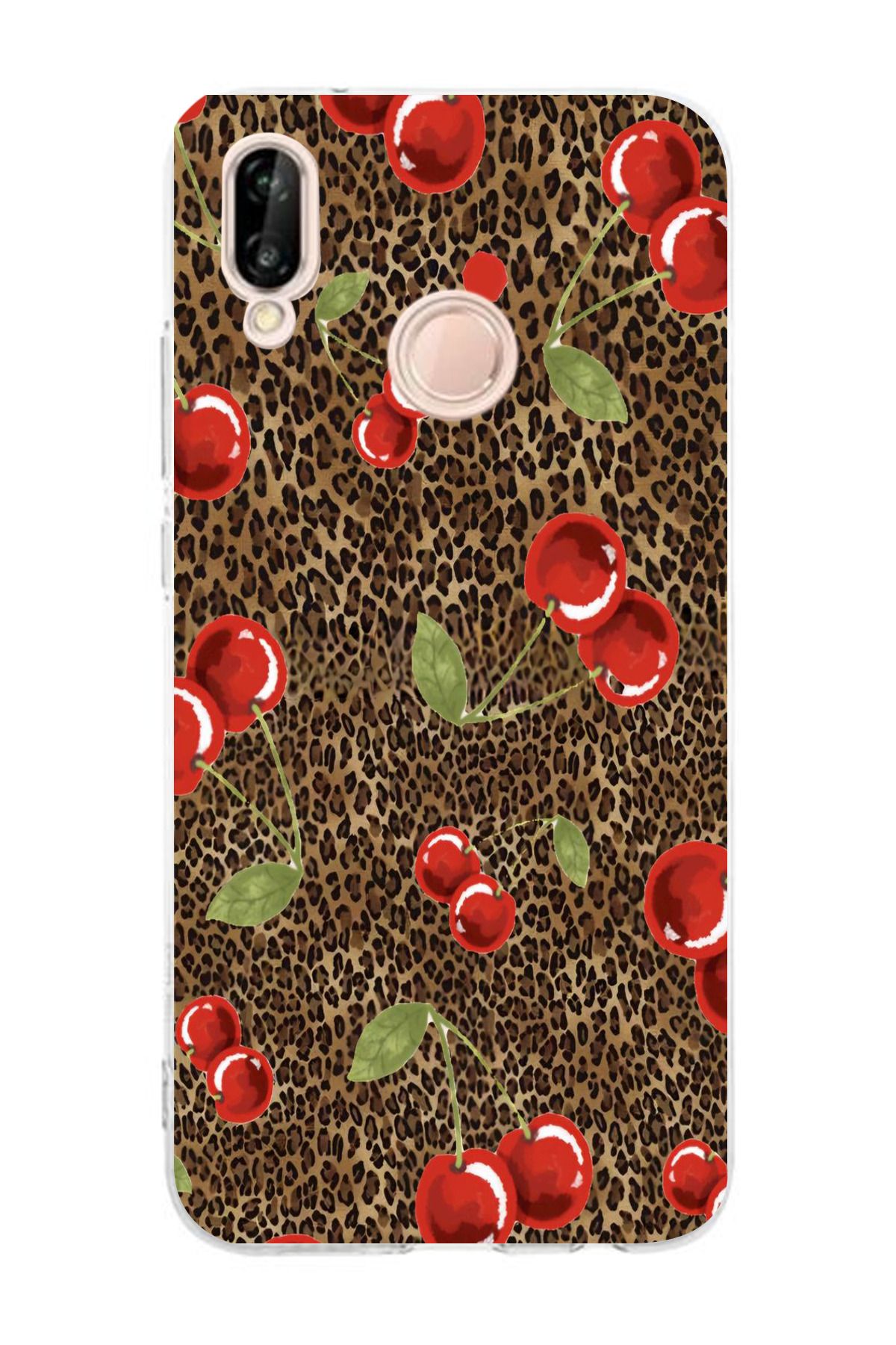 moonset Huawei P20 Lite Uyumlu Leopar ve Kiraz Tasarımlı Baskılı Şeffaf Telefon Kılıfı