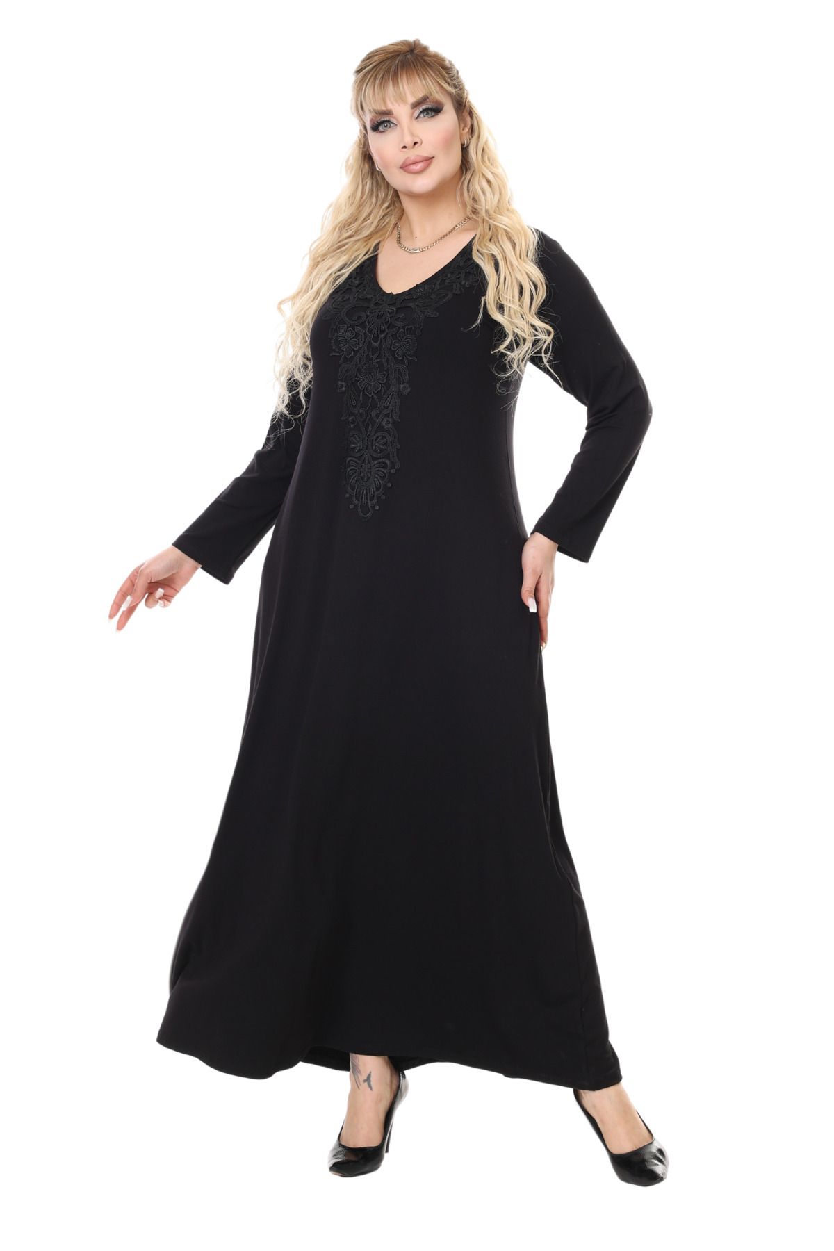 MELSAY-Women's Long Sleeve Black Guipure Collar Detailed Large Size Long Dress 4