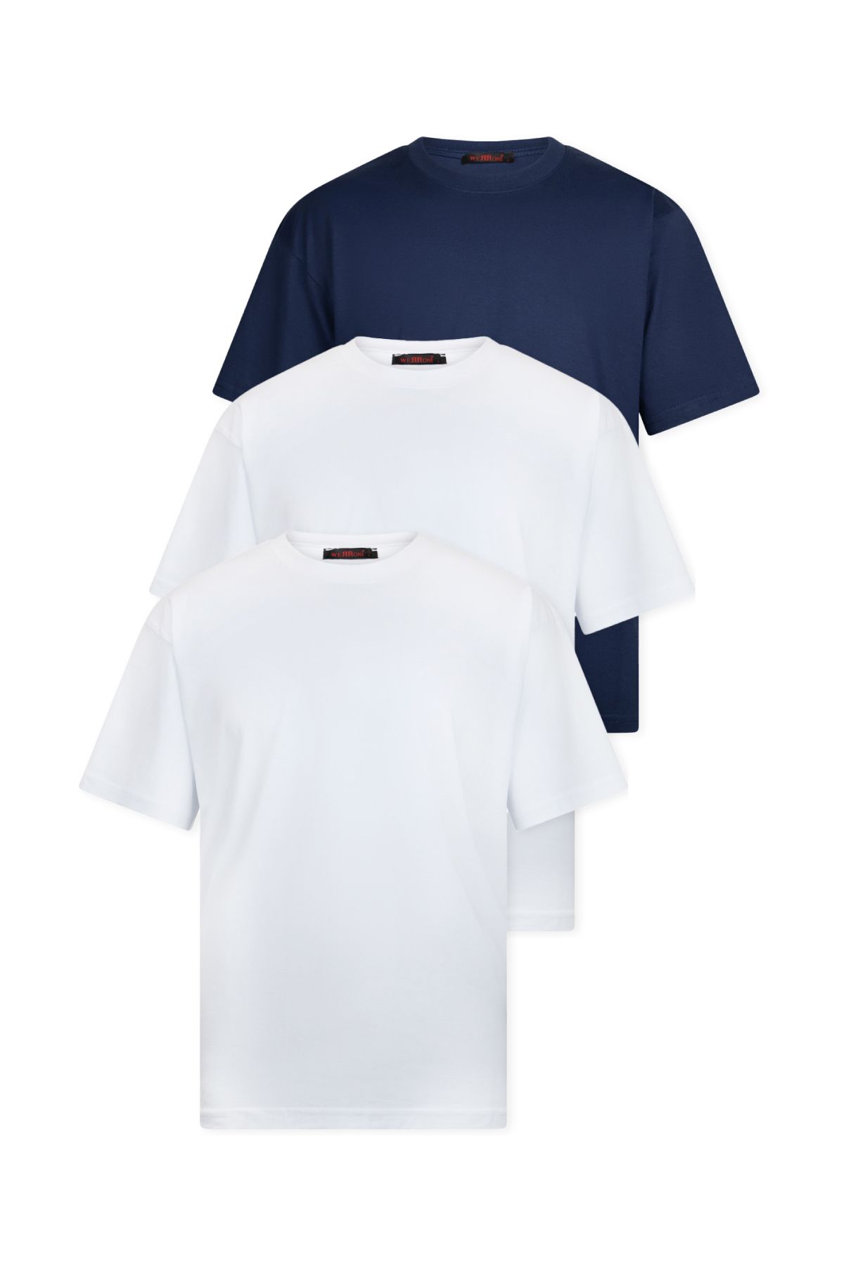 WERRONİ 3'lü Set Oversize Basic T-Shirt, Beyaz - Beyaz - Lacivert