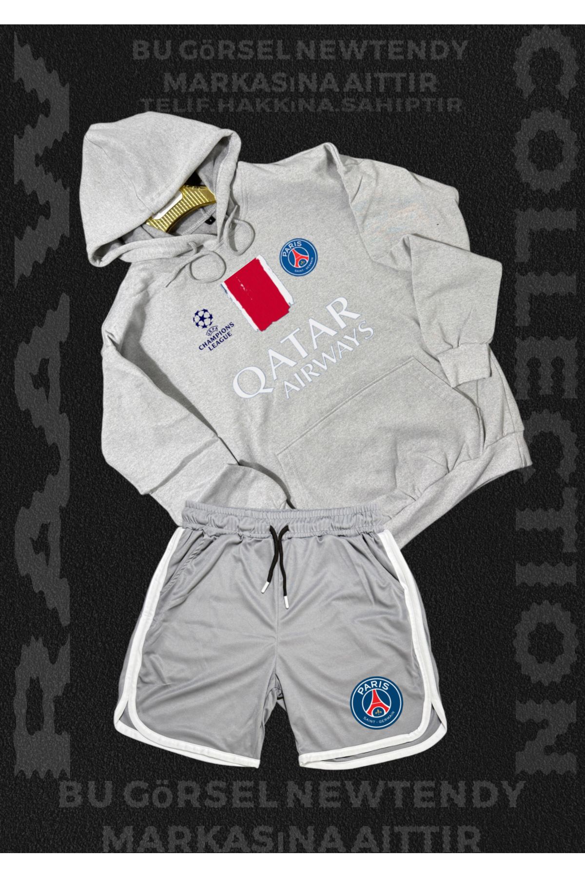 Minikelya Paris Sweatshirt Şort Takım Erkek Kapüşonlu Üst Gri siyah kırmızı Alt Spor Taraftar Kombin
