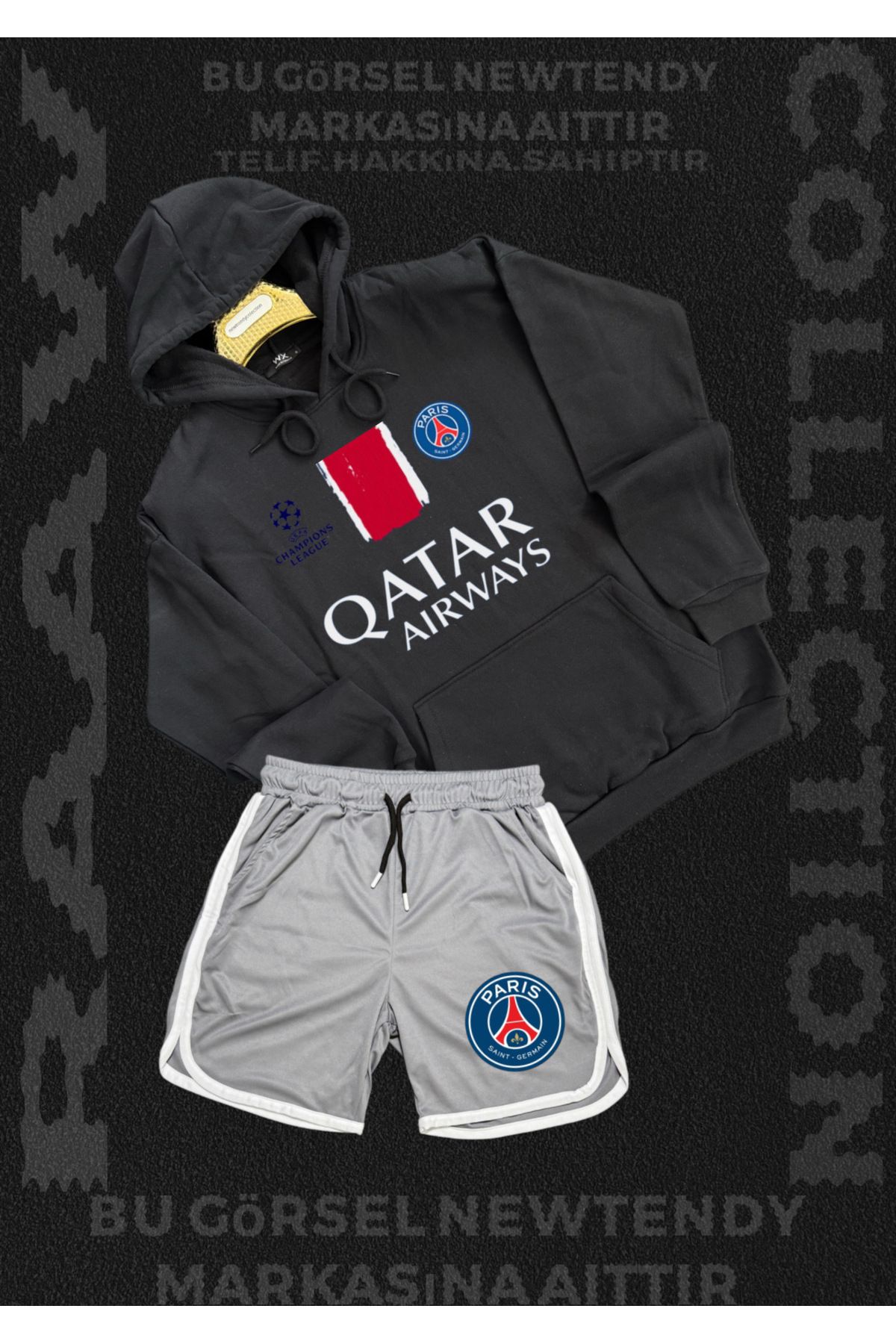 Minikelya Paris Sweatshirt Şort Takım Erkek Kapüşonlu Üst Gri siyah kırmızı Alt Spor Taraftar Kombin