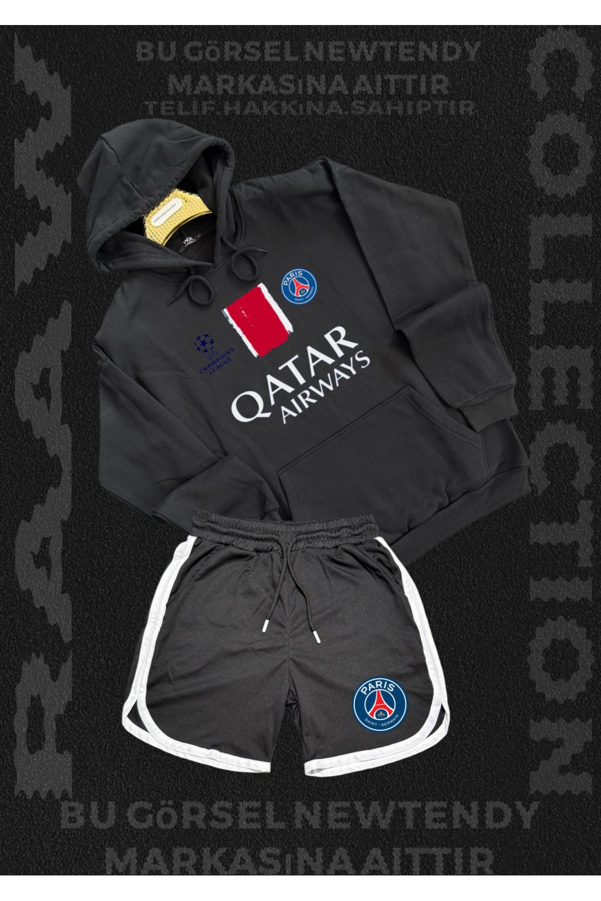 Minikelya Paris Sweatshirt Şort Takım Erkek Kapüşonlu Üst Gri siyah kırmızı Alt Spor Taraftar Kombin