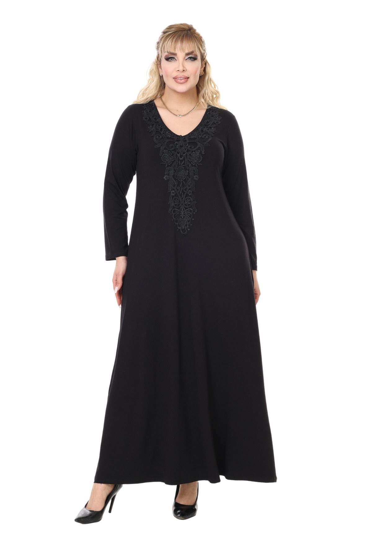 MELSAY-Women's Long Sleeve Black Guipure Collar Detailed Large Size Long Dress 3