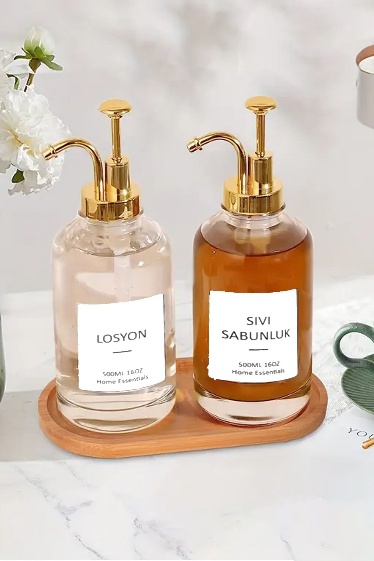 DOVİ HOME 2'li 500 ml Tezgah Üstü Cam Sıvı Sabunluk Mutfak Banyo Altın