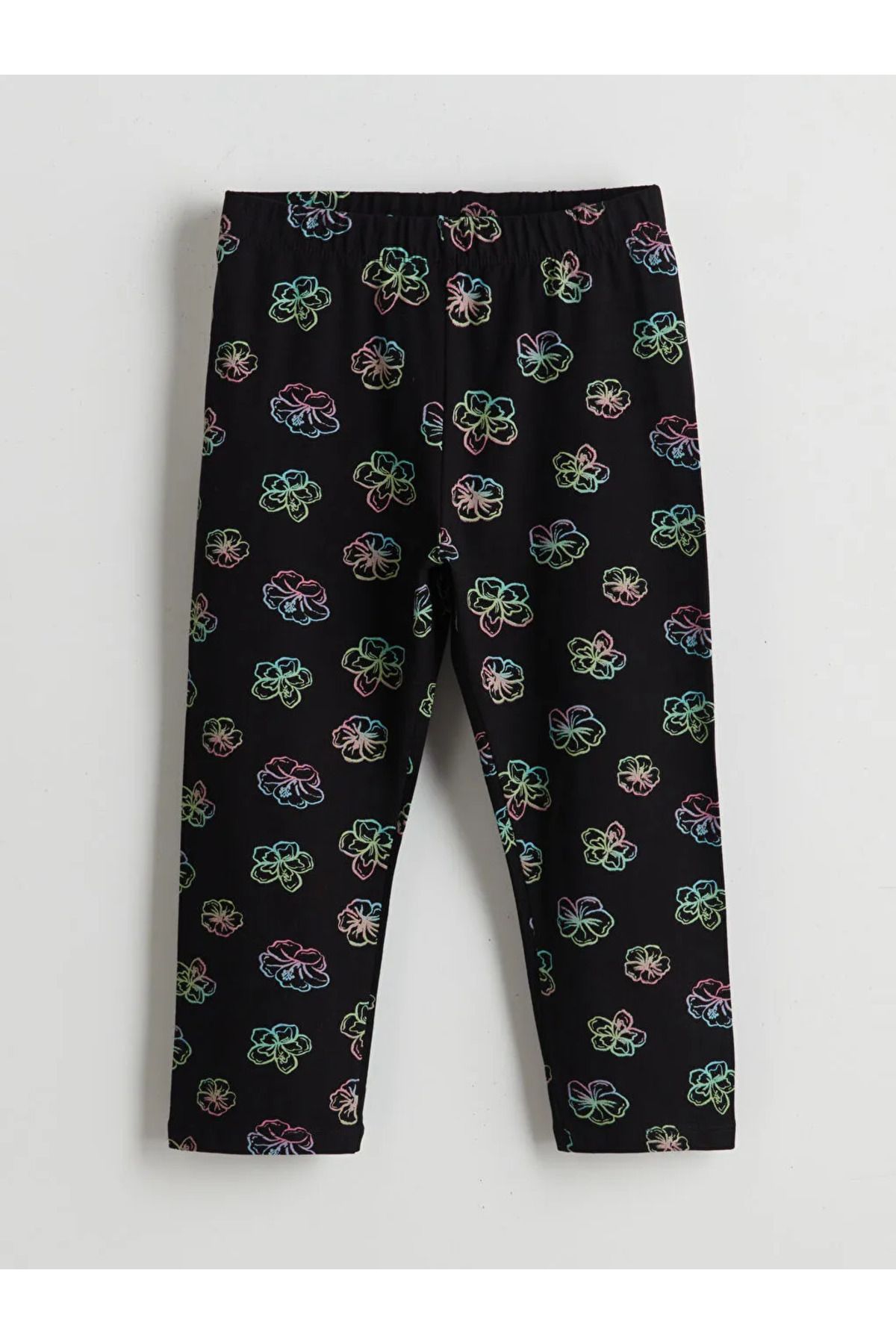 LC Waikiki LCW Kids Siyah Beli Lastikli Çiçekli Kız Çocuk 3/4 Boy Tayt