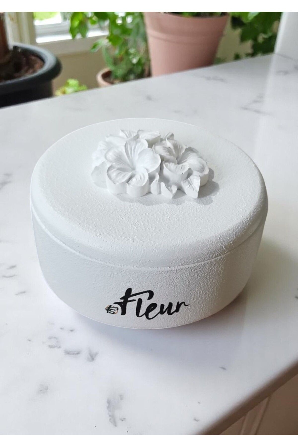 FS CANDLE & HOME Decoration - Accesories Fleur - Çiçek Kapaklı Dekoratif ve Hediyelik Takı Tabağı, Sunumluk ve Çok Amaçlı Beton Kap