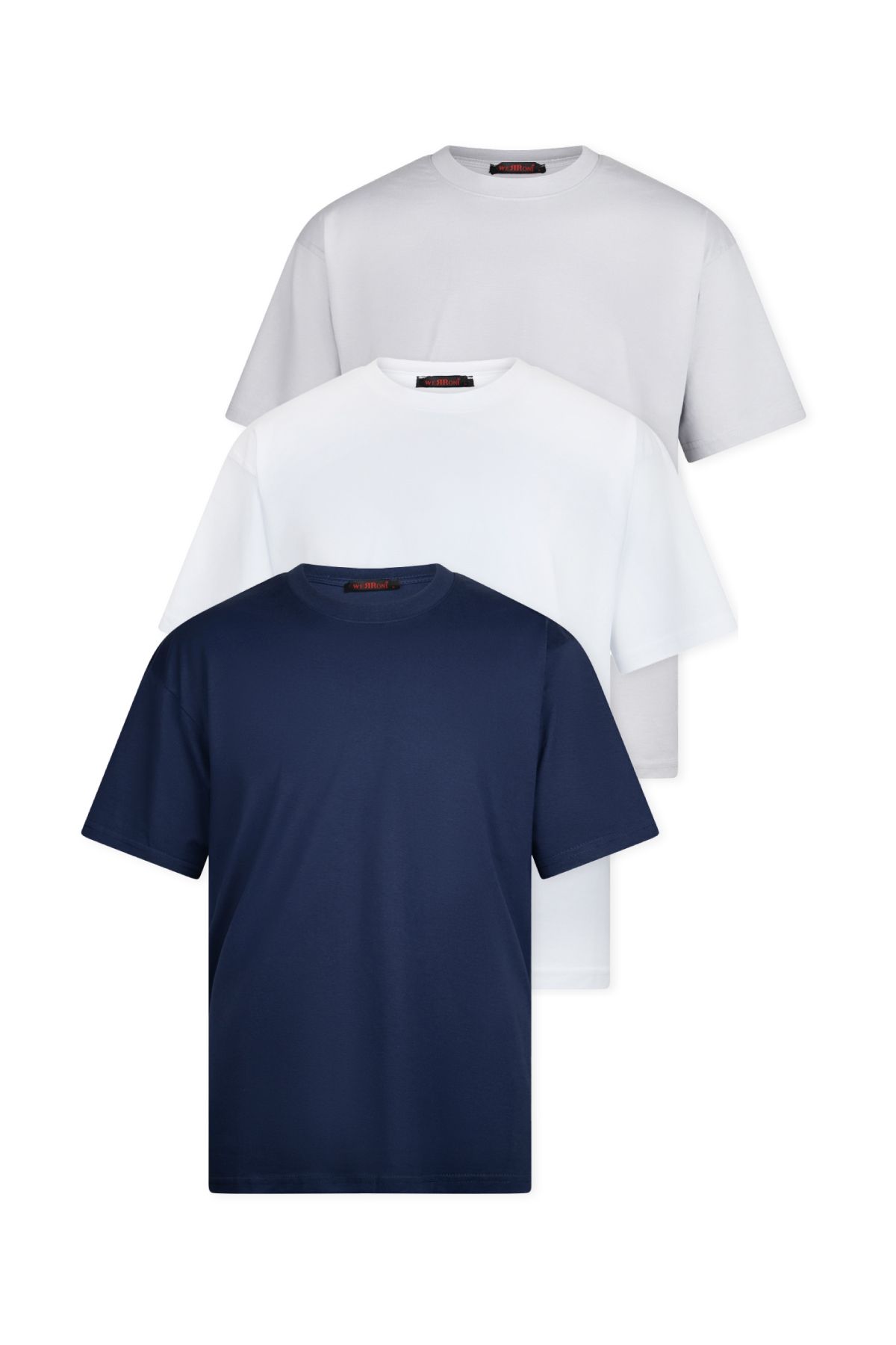 WERRONİ 3'lü Set Oversize Basic T-Shirt, Lacivert - Beyaz - Gri