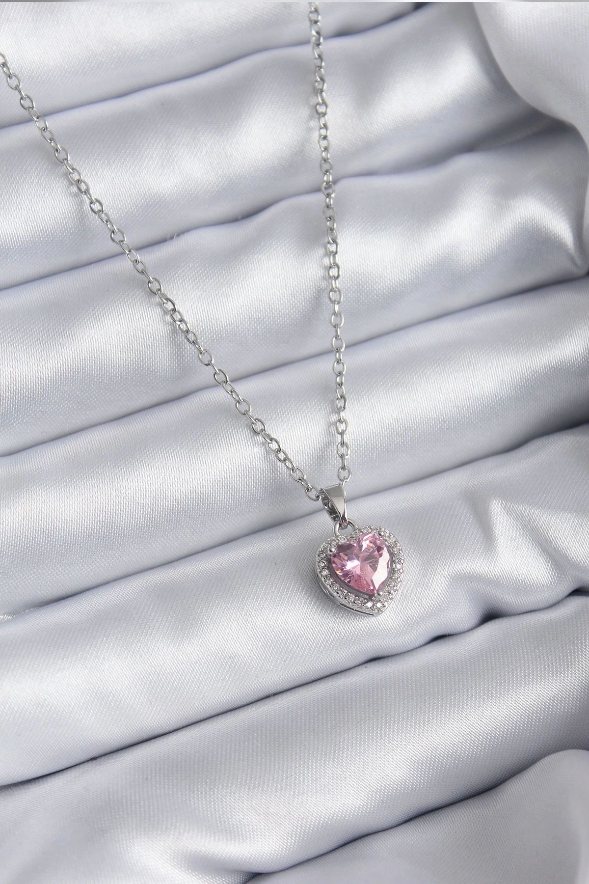 Clariss 316L Çelik Zincir Gümüş Renk Pembe Zirkon Taş Charm Model Kadın Kolye