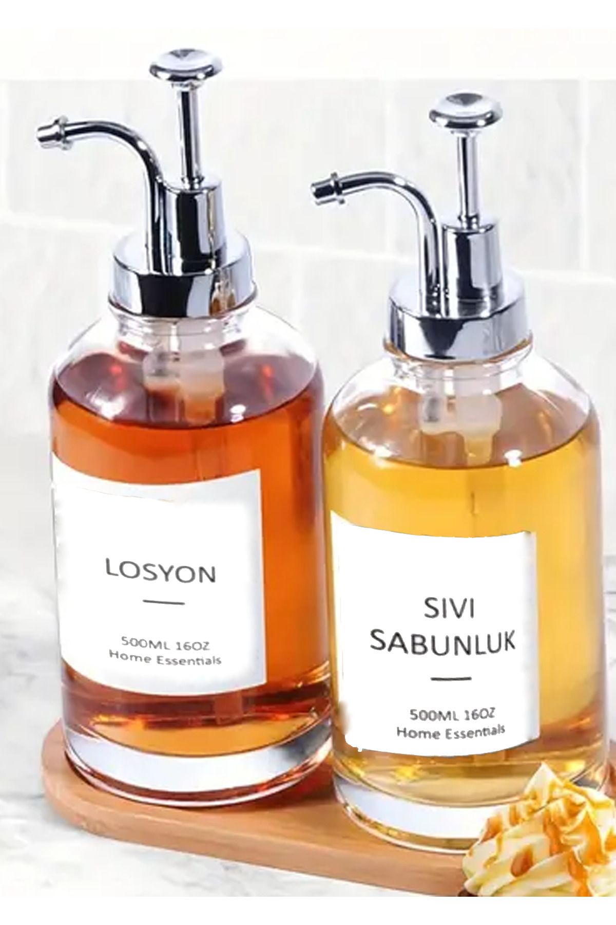 DOVİ HOME 2'li 500 ml Tezgah Üstü Cam Sıvı Sabunluk Mutfak Banyo Gümüş