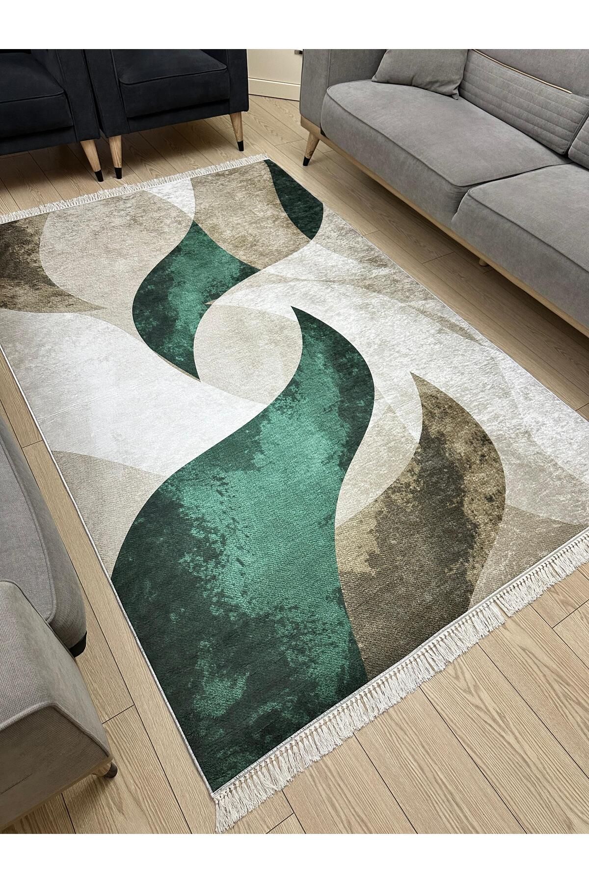 NEU HAUS Makinede Yıkanabilir Kaymaz Taban Yeşil Halı Salon ve Oturma odası Halısı Dijital Baskı İnce Halı