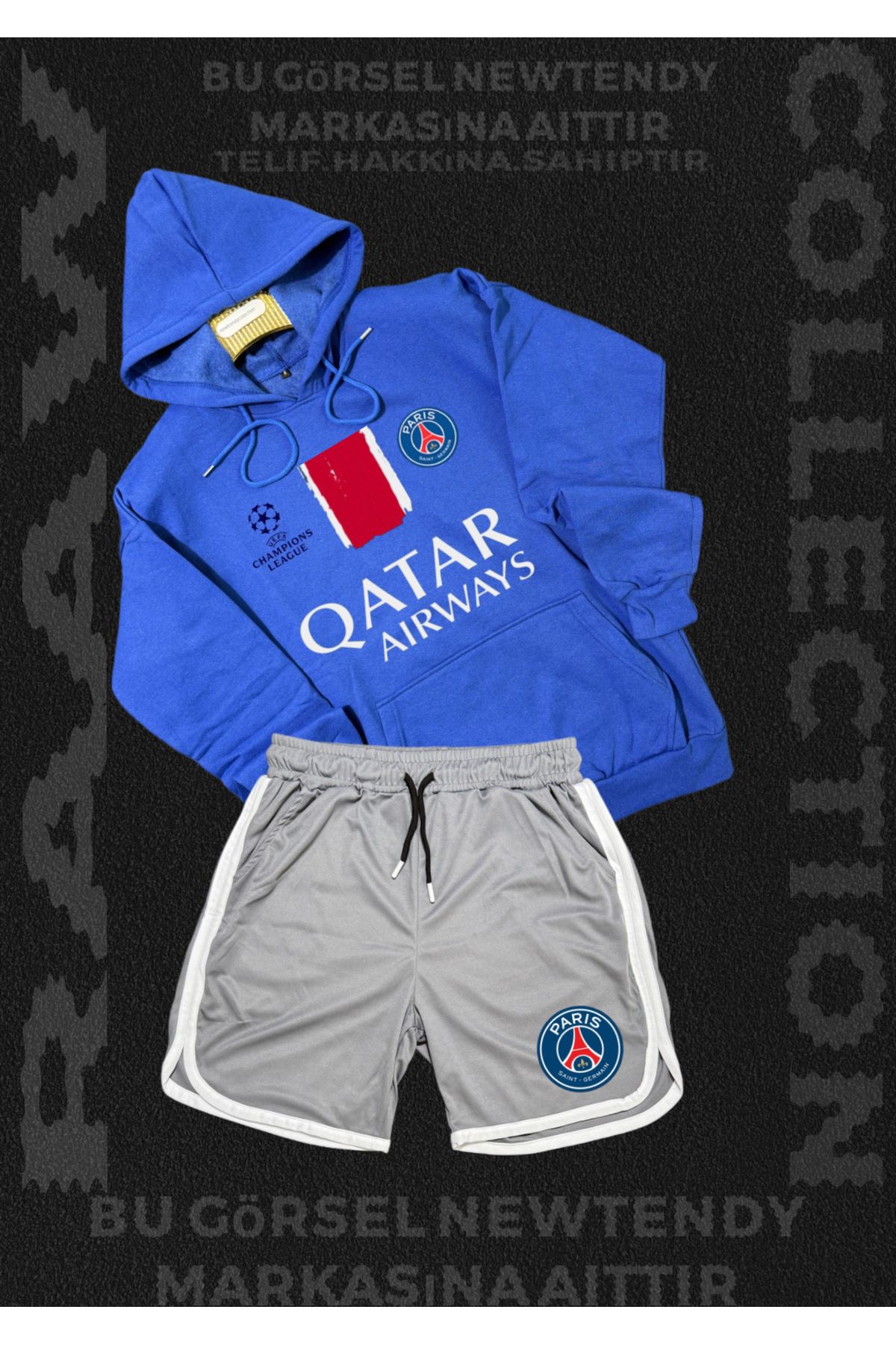 Minikelya Paris Sweatshirt Şort Takım Erkek Kapüşonlu Üst Gri siyah kırmızı Alt Spor Taraftar Kombin