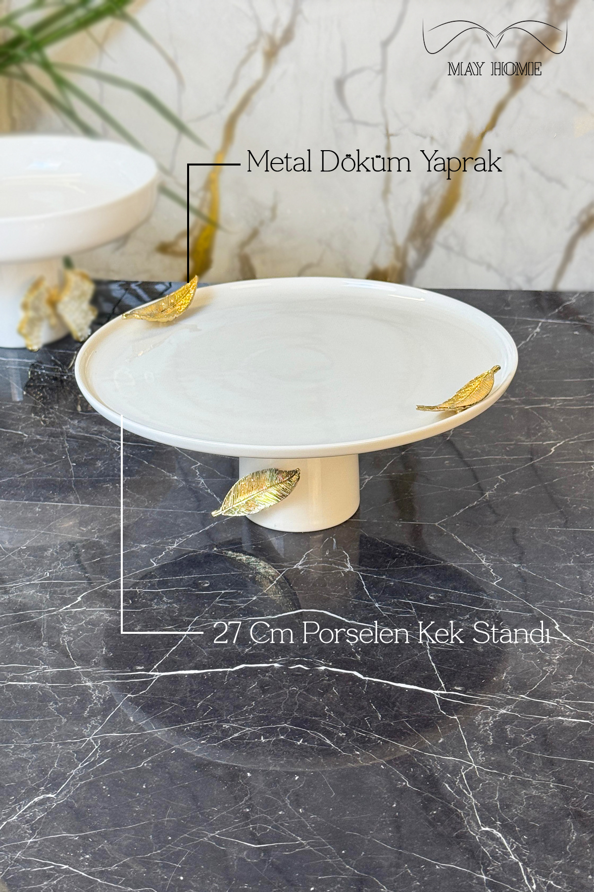 MAY HOME-Porcelain Leaf Detailed Footed Presentation Plate & Cake Pastry Food Presentation 2