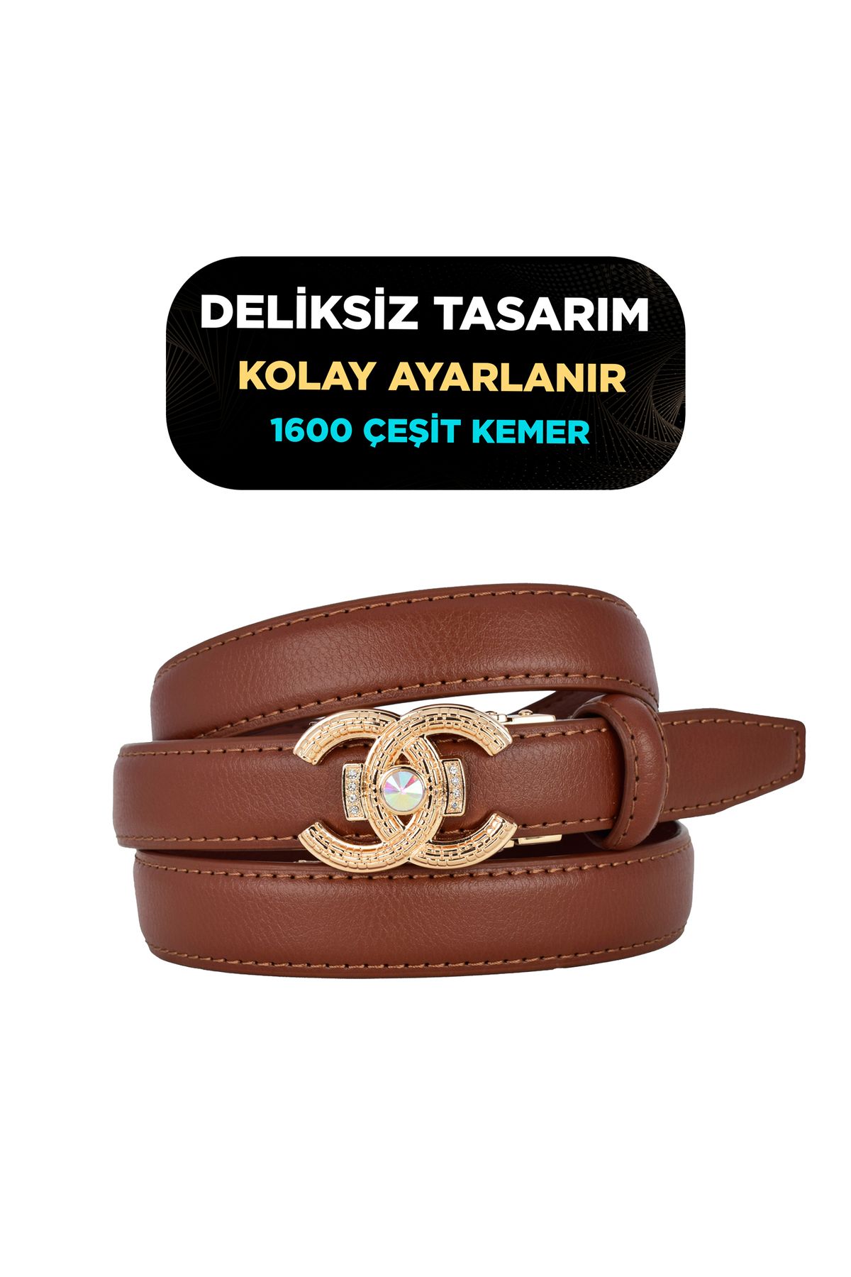 GoDeri Otomatik Tokalı, Deliksiz Taba Kadın Kemeri, Pantolon Kemeri, Elbise Kemeri, 2.5 cm_auto