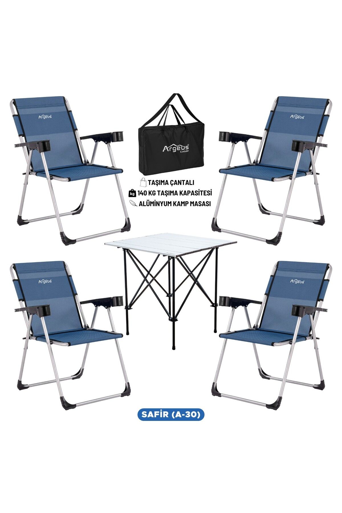 ARGEUS 4 Adet Katlanır Kamp Sandalyesi ve Alüminyum Masa Seti - Rock Silver - Safir - Taşıma Çantalı