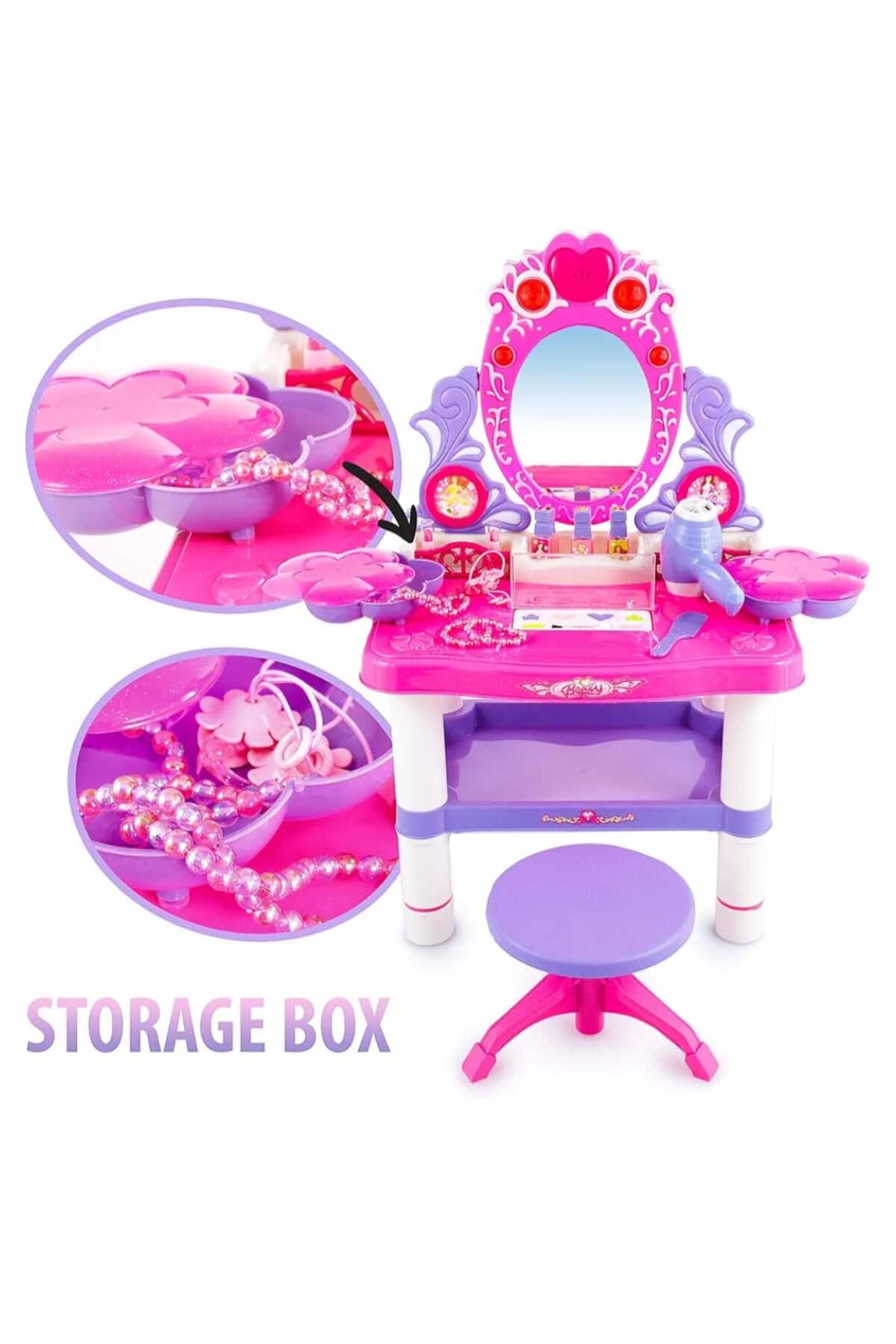 👑 طاولة مكياج فانيتي بيوتي للبنات 16قطعة مع مرآة وأضواء وأصوات ومجفف شعر وكرسي صغير ✨