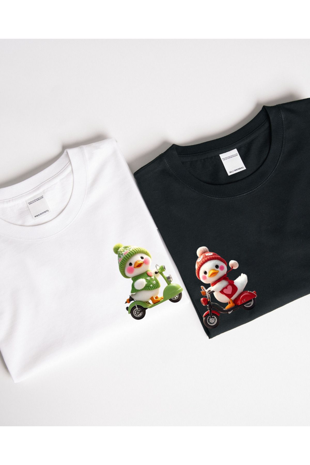 Ebiidesign Çiftler İçin Sevimli Beyaz Ördek Tasarımlı Baskılı T-Shirt