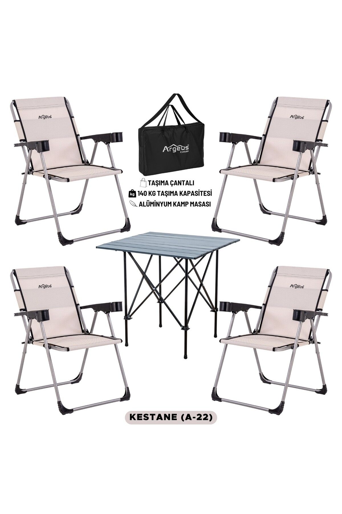ARGEUS 4 Adet Katlanır Kamp Sandalyesi ve Alüminyum Masa Seti - Rock Dark - Kestane - Taşıma Çantalı
