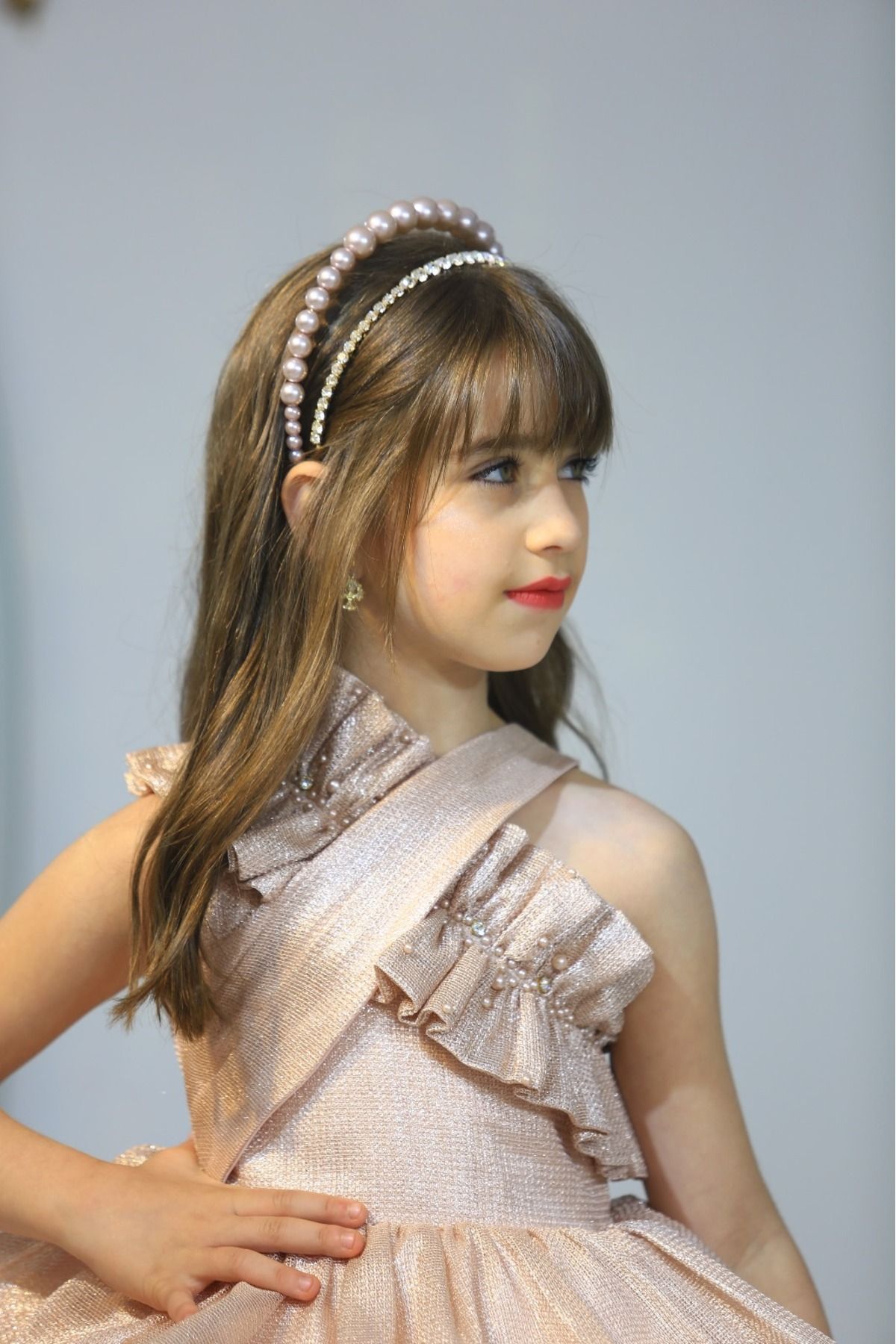 Ribbon kids-One Shoulder Flounce Princess Gown Evening Dress. The Bag, the Hair Cap, 5