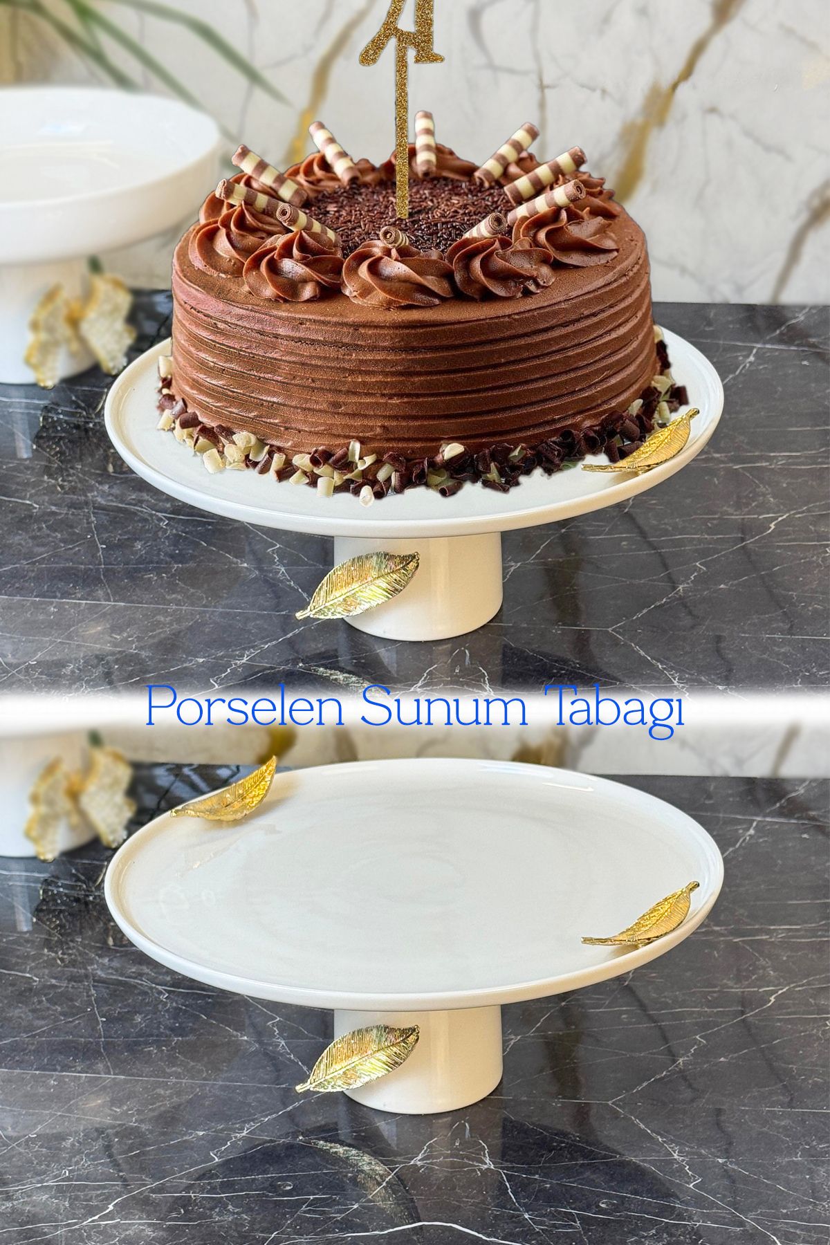 MAY HOME Porselen Yaprak Detaylı Ayaklı Sunumluk Tabak & Kek Pasta Yemek Sunumluğu