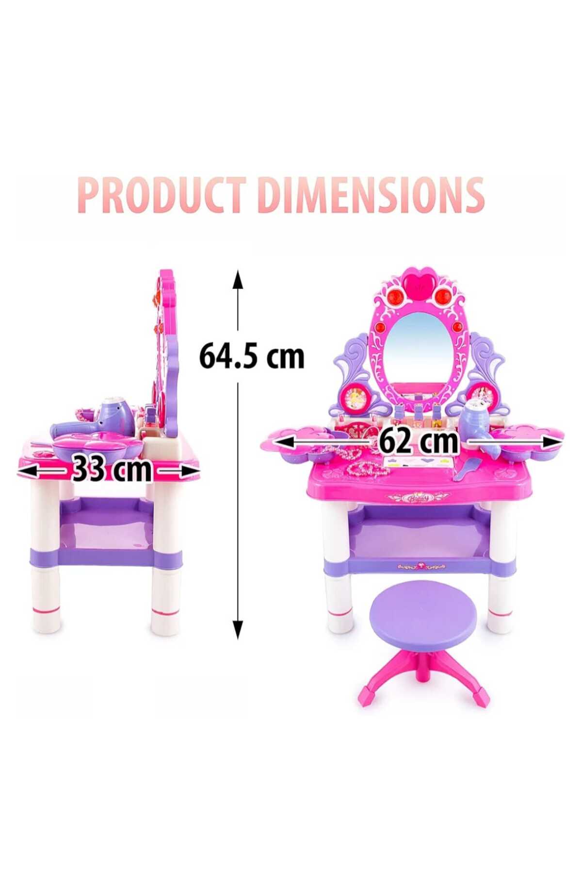 👑 طاولة مكياج فانيتي بيوتي للبنات 16قطعة مع مرآة وأضواء وأصوات ومجفف شعر وكرسي صغير ✨