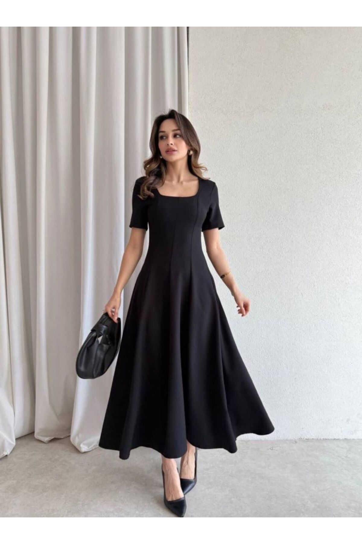 maf collection Kadın Siyah Krep Kumaş Kare Yaka Kısa Kol Abiye Mezuniyet Elbisesi