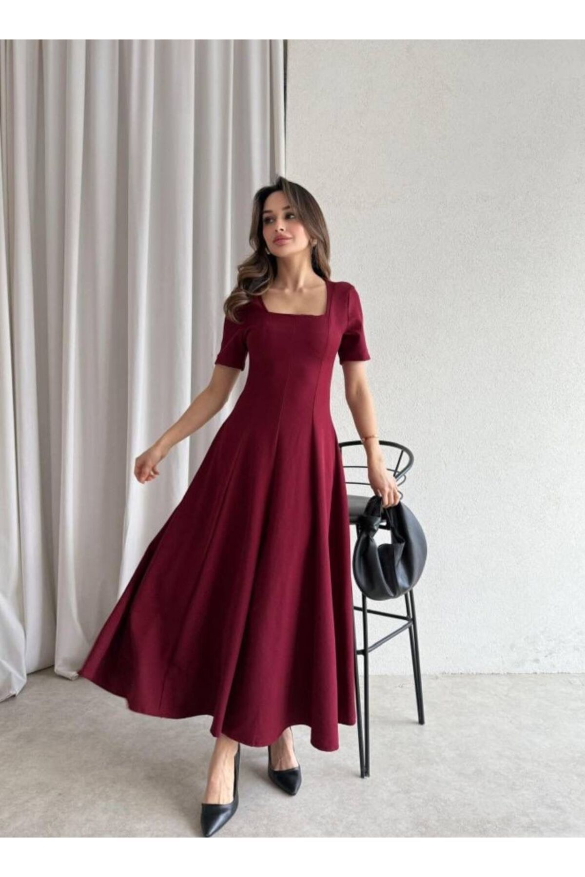 maf collection Kadın Bordo Krep Kumaş Kare Yaka Kısa Kol Abiye Mezuniyet Elbisesi