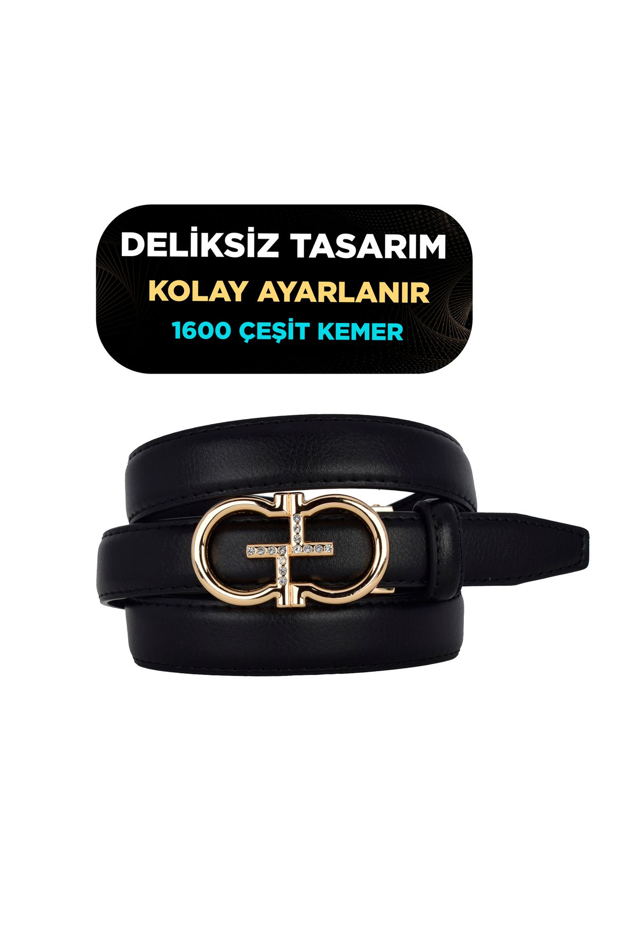 GoDeri Otomatik Tokalı, Deliksiz Siyah Kadın Kemeri, Pantolon Kemeri, Elbise Kemeri, 2.5 cm_auto