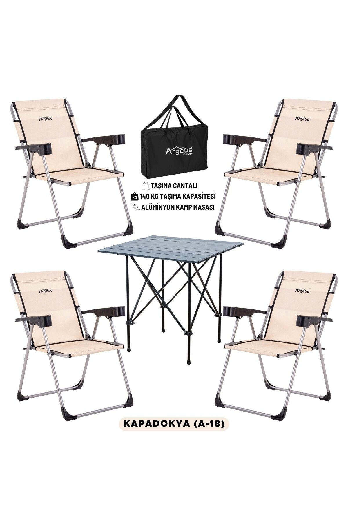 ARGEUS 4 Adet Katlanır Kamp Sandalyesi ve Alüminyum Masa Seti - Rock Dark - Kapadokya - Taşıma Çantalı