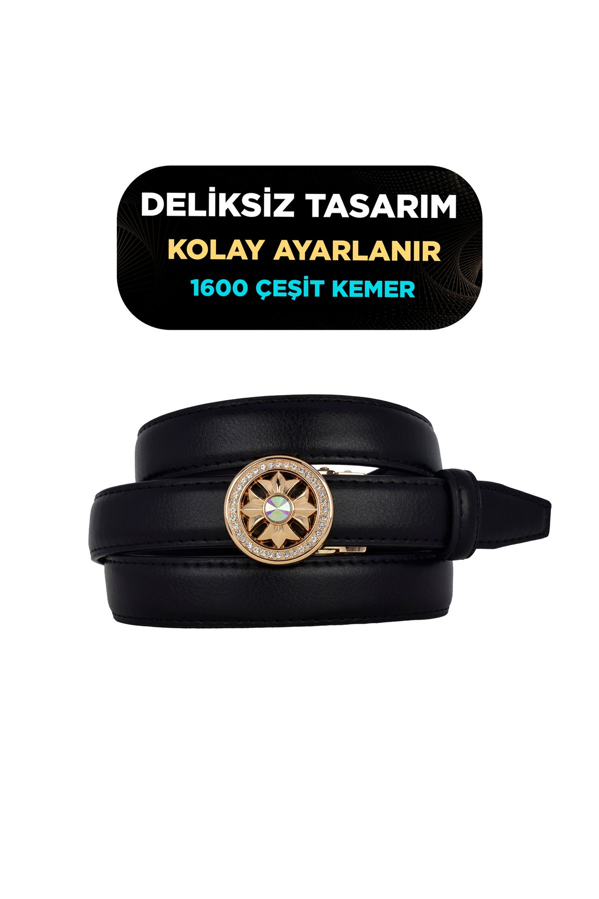 GoDeri Otomatik Tokalı, Deliksiz Siyah Kadın Kemeri, Pantolon Kemeri, Elbise Kemeri, 2.5 cm_auto