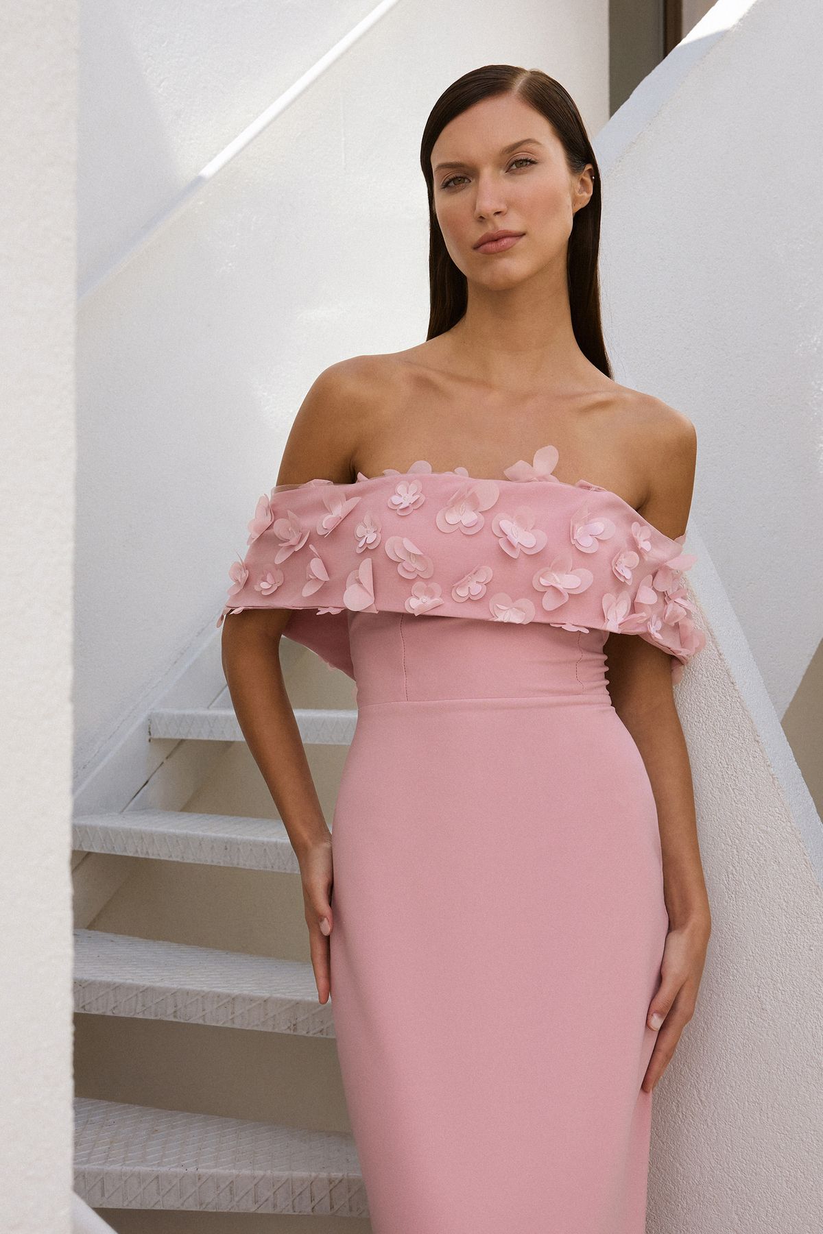 Trendyol Collection-Rose Dry Carmen Kragen Blumenapplikation & Talebe Kleid Lang Stilvoll Chic TPRSS25AE00107 2