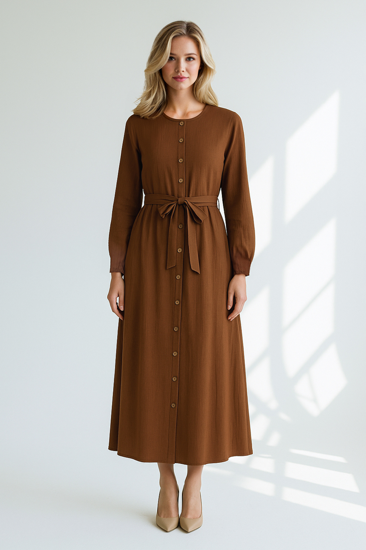 Edit by Trendyol-Brown Belted Woven Shirt Dress Tedss25Eb00002 1