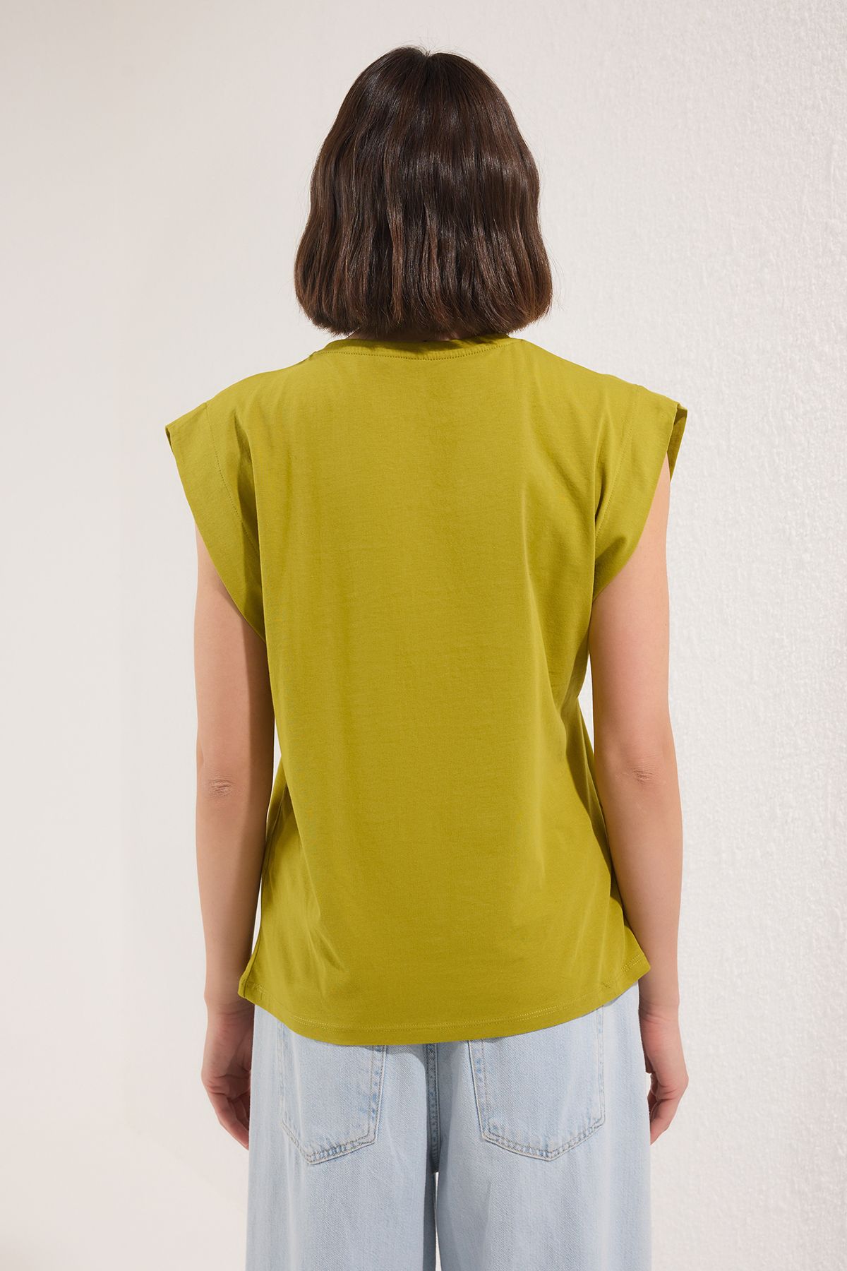 Trendyol Collection-100% Panel Oil Green Basic Biker Collar Knitted T-Shirt 4
