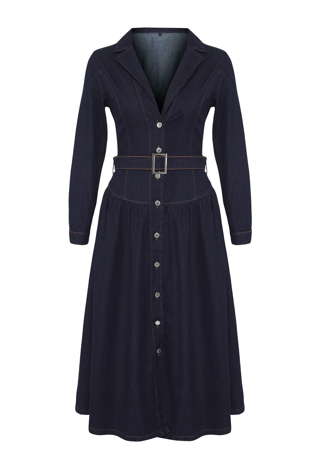 Trendyol Collection-Jacket Lapel Maxi Denim Dress with Belt - Twoss24El00776 7