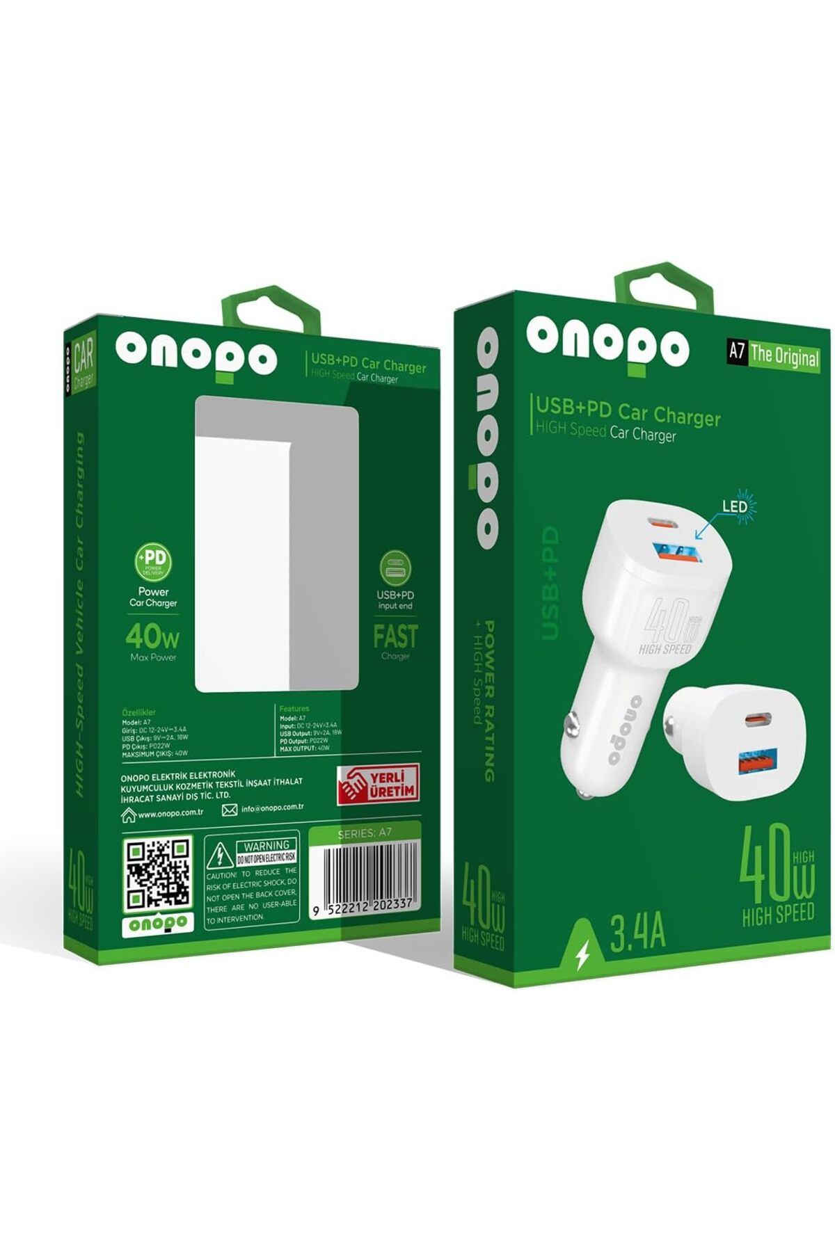 STOREMAX nffashopm Type-C (PD) ve USB Girişli Led Işıklı Turbo Hızlı Araç Şarjı 40W - A7 storestarx