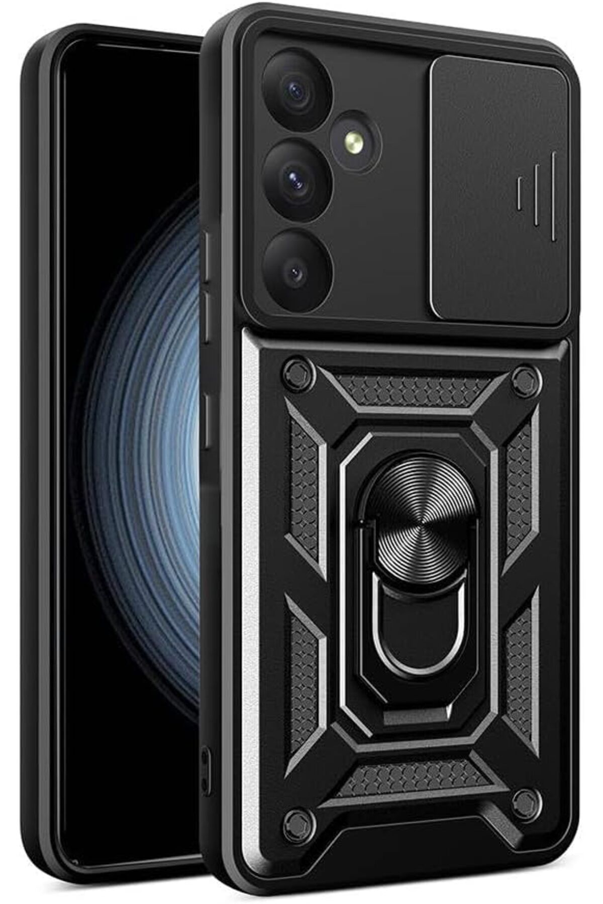STOREMAX htpshopmx Galaxy S23 FE Uyumlu Kamera Korumalı Sürgülü Yüzüklü Standlı Tank Kılıf (Siyah)