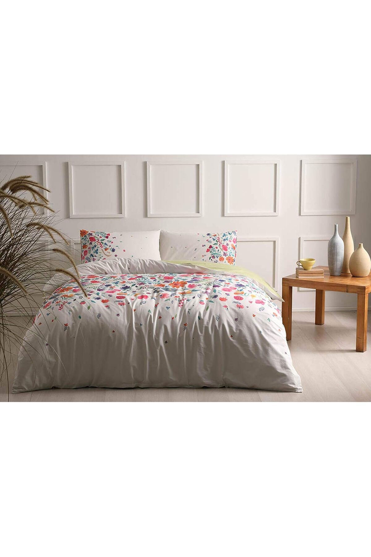 STOREMAX Astin Çiçek Desenli%100 Pamuk Antibakteriyel Kumaşlı Nevresim Takımı, Beyaz, Tek Kiş