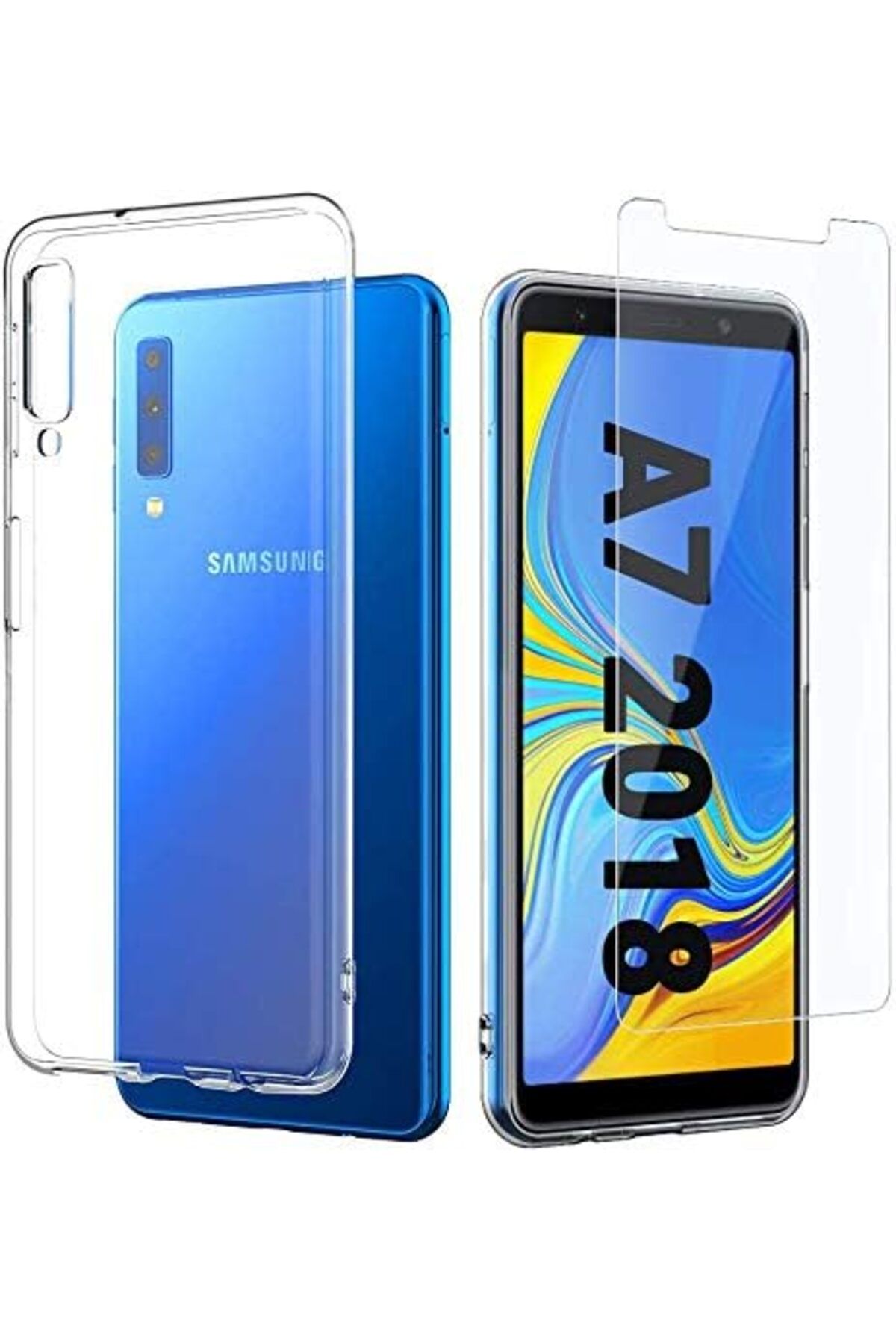 salesalbutik CONNERS Samsung Galaxy A7 2018 Şeffaf silikon + cam ekran koruyucu Uyumlu