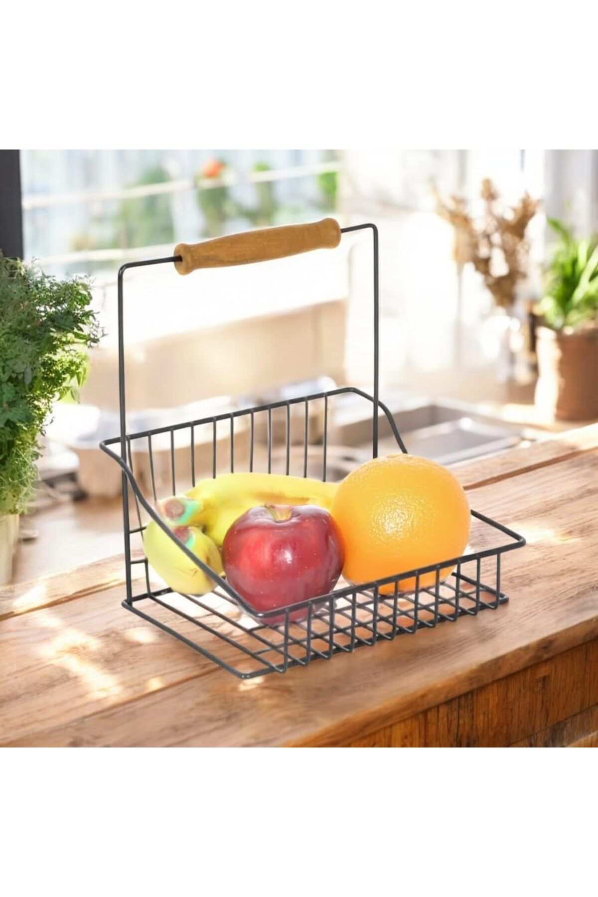 STOREMAX buymxx Ferforje Tek Sepet, Ahşap Kulplu Mutfak Banyo Salon Ofis Düzenleyici Sepet Organizer Siyah,