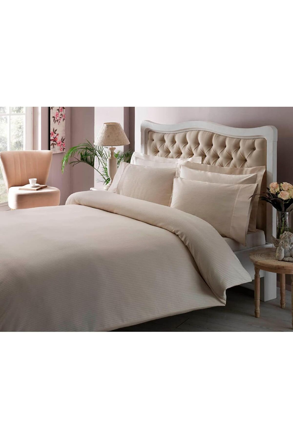 STOREMAX lbstorex Basic Stripe Düz%100 Pamuk Nevresim Takımı, Krem, King Size Newdsng 1116818
