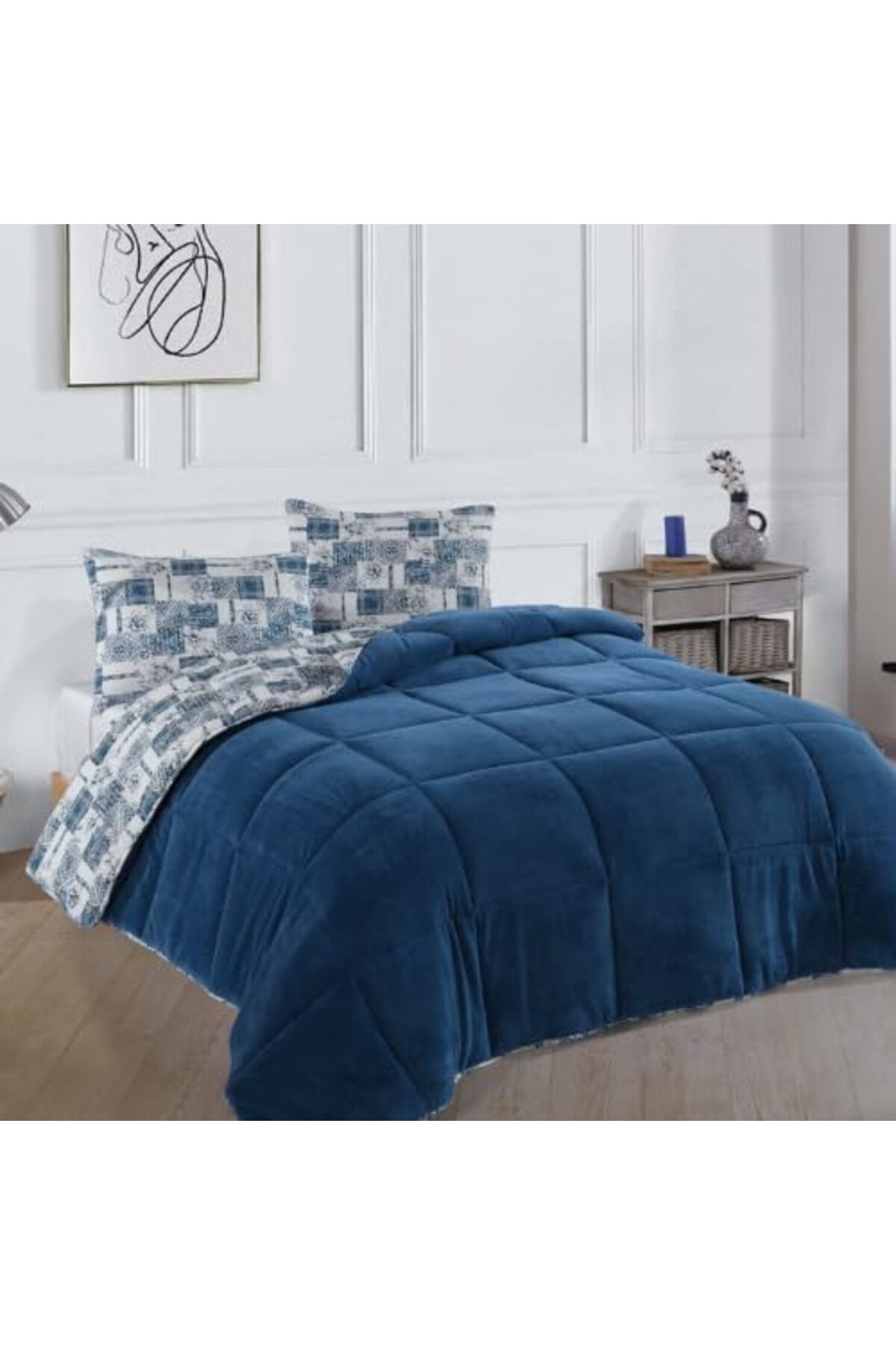 yenibagshop Tek Kişilik Lüx Wellsoft Yorgan Çift Taraflı Yastık Kılıflı 155x215 cm Yorgan (Mavi)