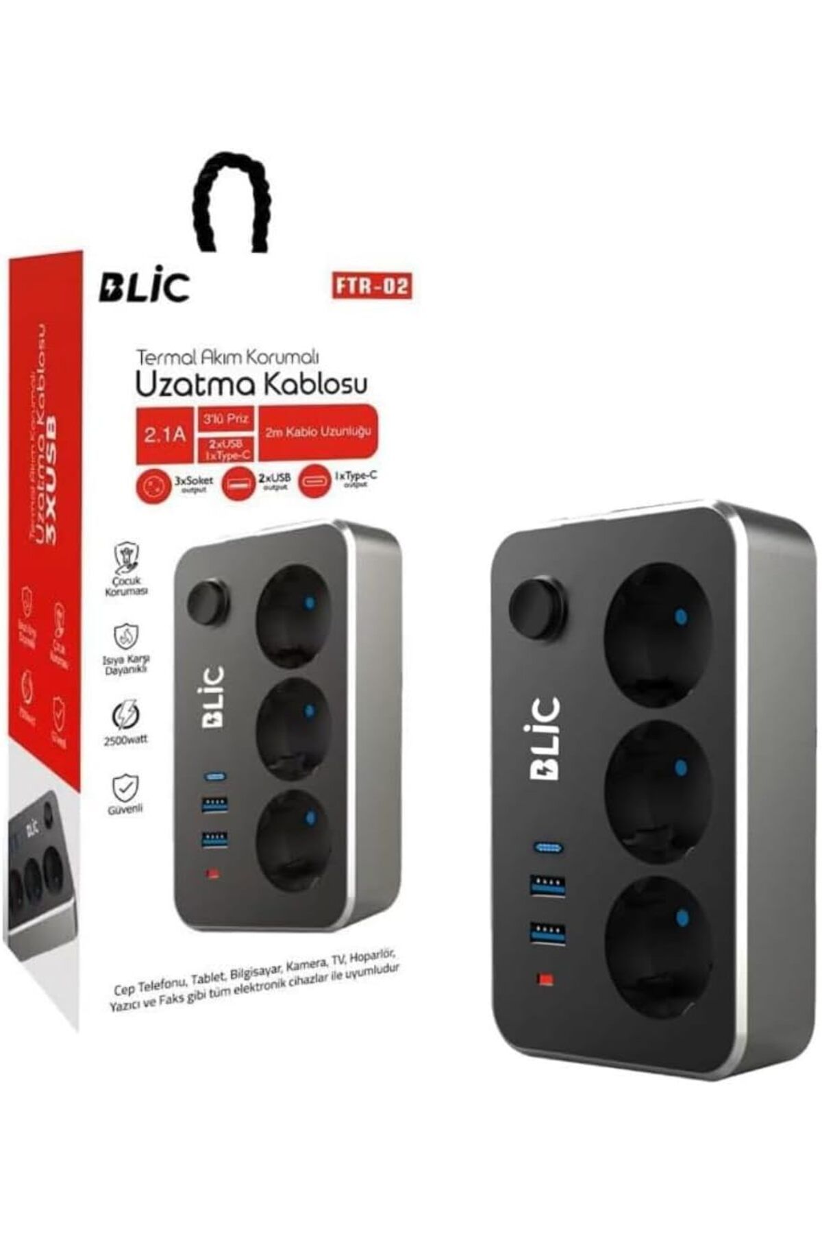 STOREMAX mrttnca Korumalı Priz, 3x Priz Soketi, 2x Usb Girişi, 1x Type-C Girişi, Tasarruflu Uzatma Kablosu